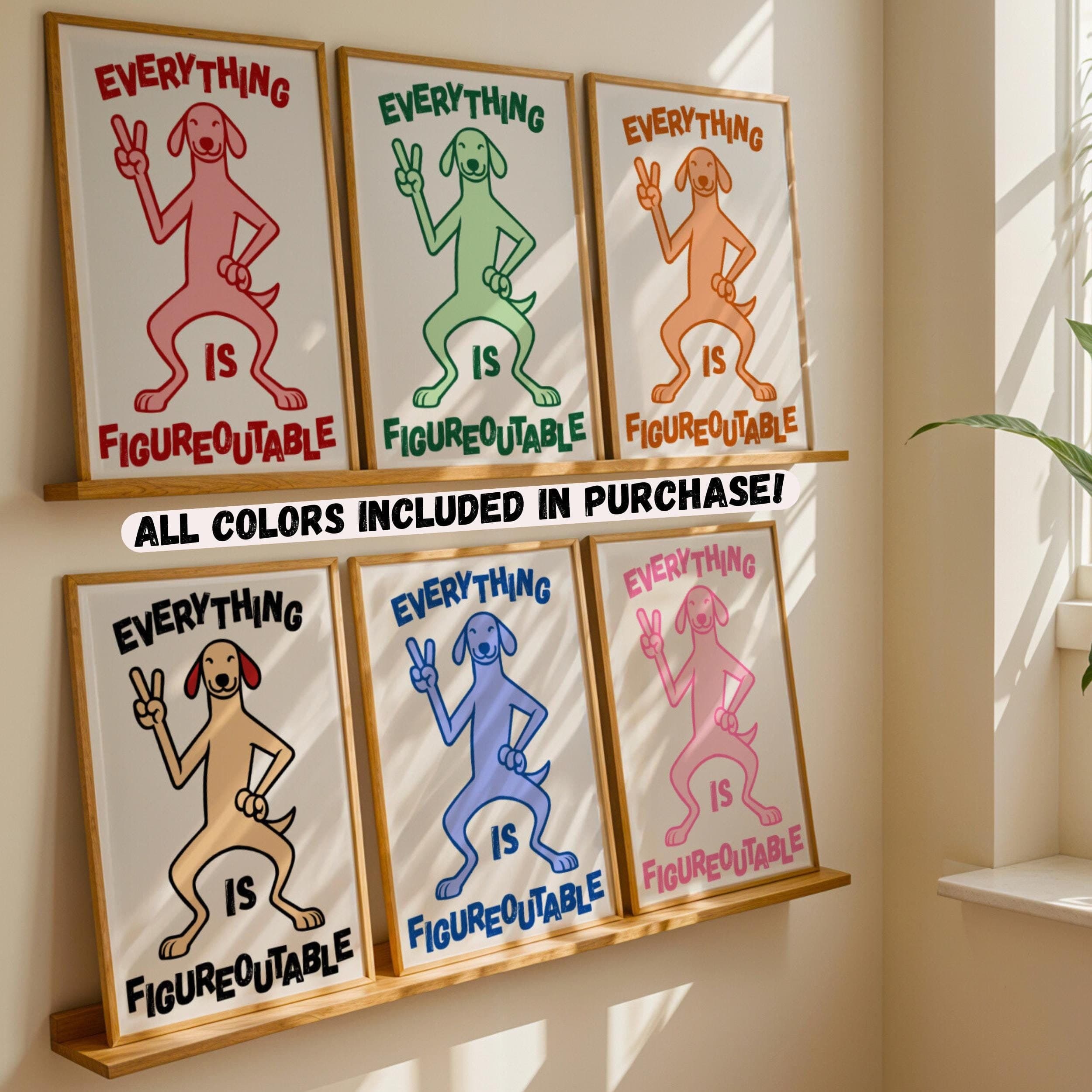 Everything Is Figureoutable Print, Positive Quote Dog Art, Kids Motivational Decor, Cute Dog Print,  Colorful Dog Wall Art Set, Set of 6 Art