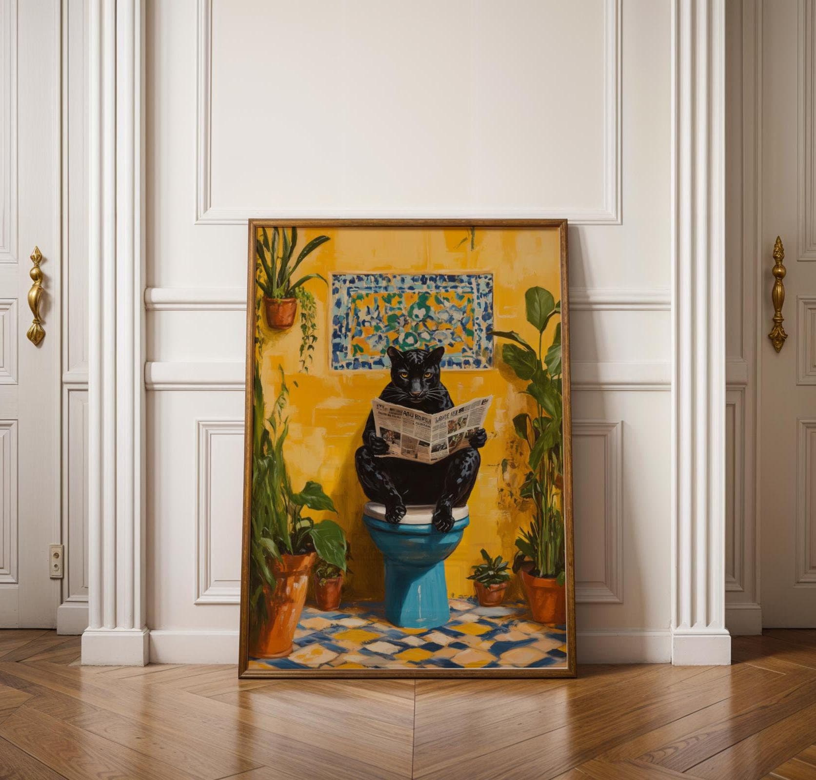 Funny Black Panther Bathroom Art, Quirky Jungle Wall Decor, Black Panther on Toilet,Funny Bathroom Decor, Funky Toilet Art,Quirky Animal Art