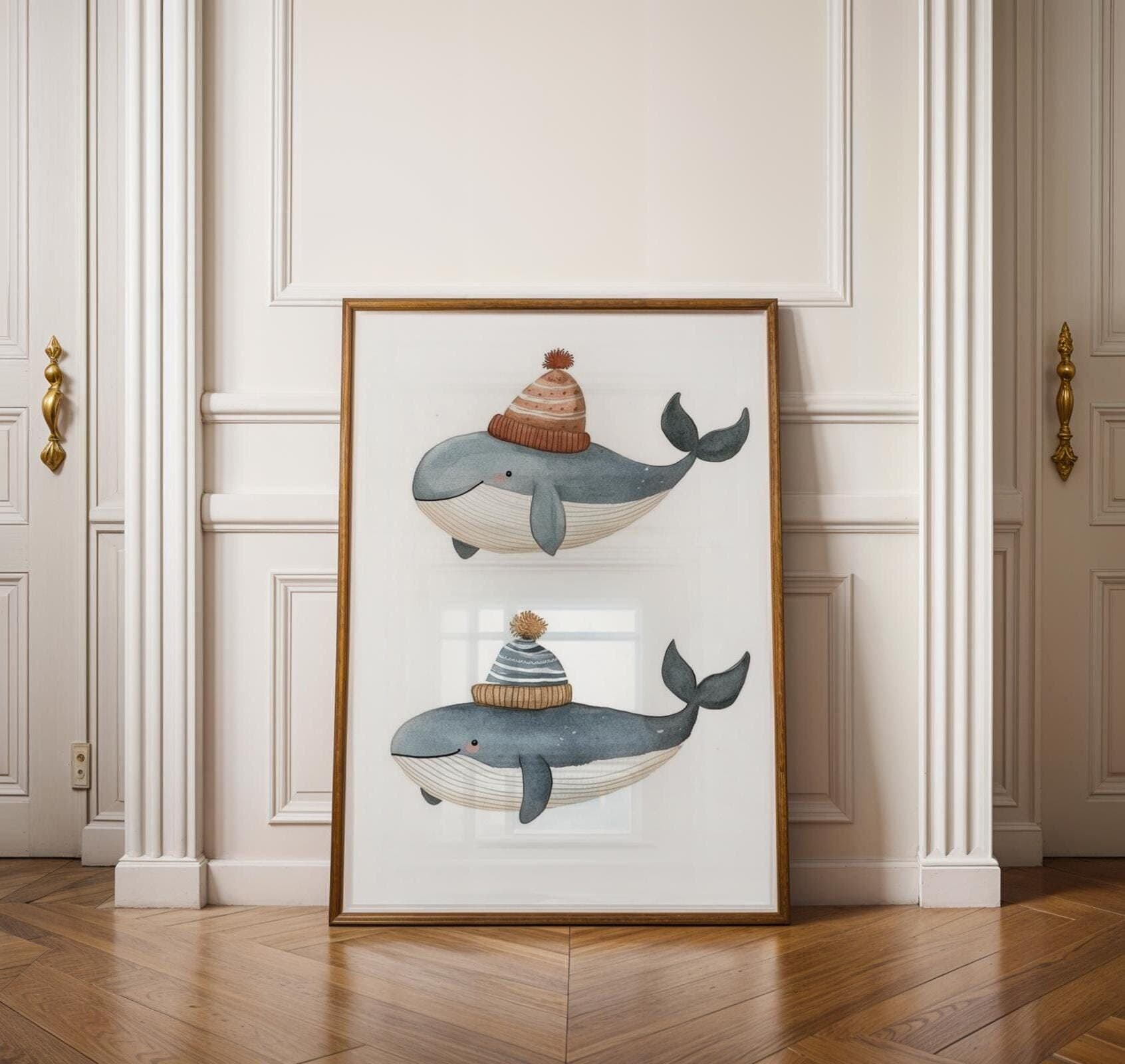 Watercolor Whale Wall Art - Nursery Room Decor for Kids, Cute Whale Print with Hats, Ocean Animal Kids Wall Art, Adorable Nursery Decor