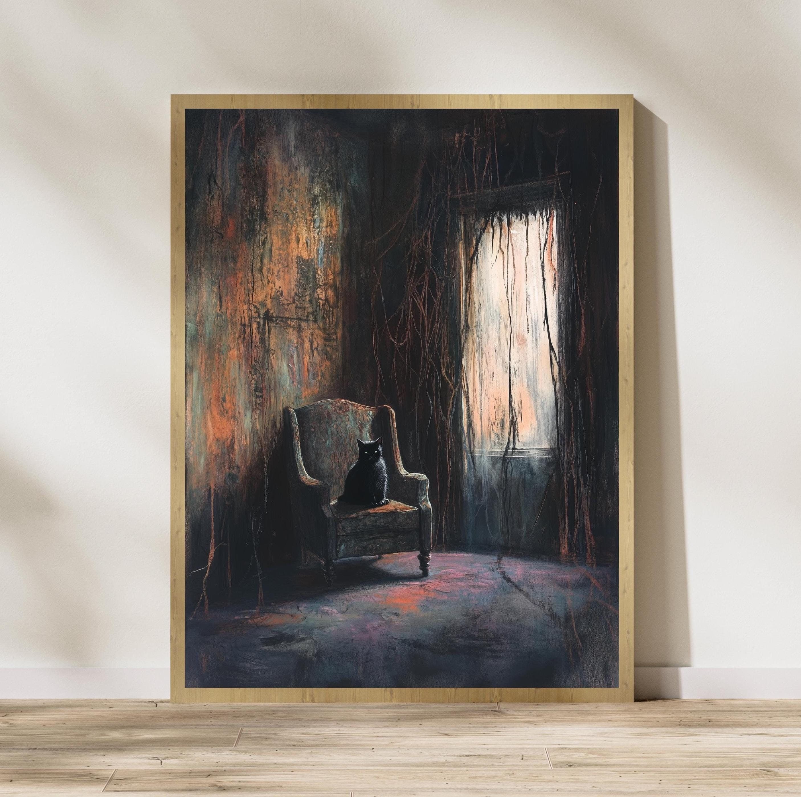 Gothic Black Cat Wall Art, Vintage Black Cat Wall Art, Mystical Cat and Moody Room Art, Moody Wall Art, Moody Digital Wall Art, Cat Poster