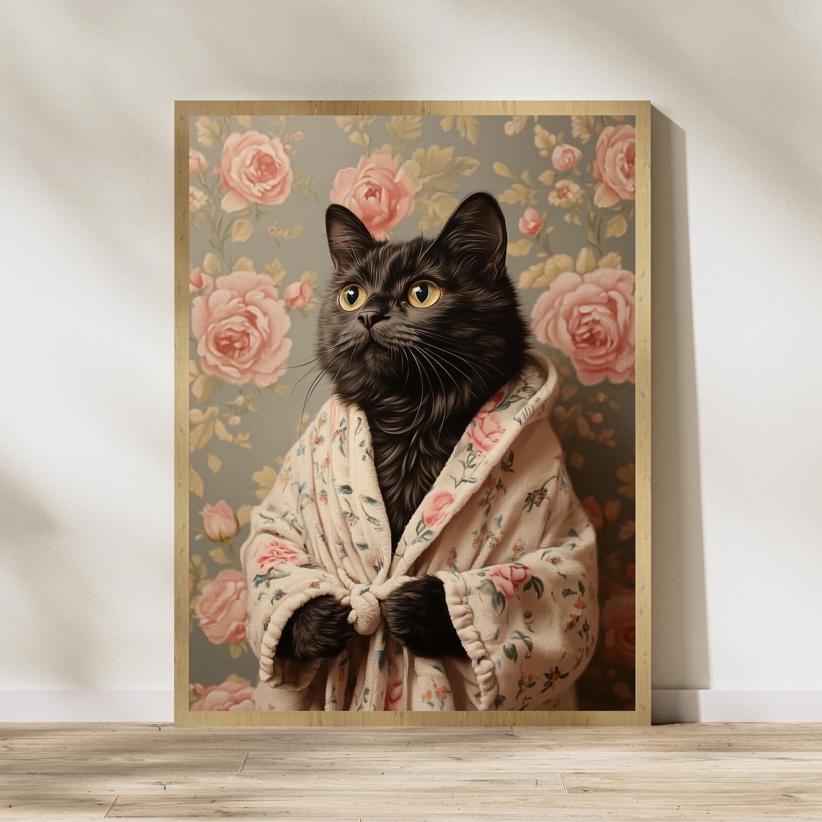 Fluffy Black Cat Portrait Digital Download, Cat Printable Wall Art, Black Cat in Bathrobe Wall Art, Whimsical Black Cat Art, Floral Cat Art