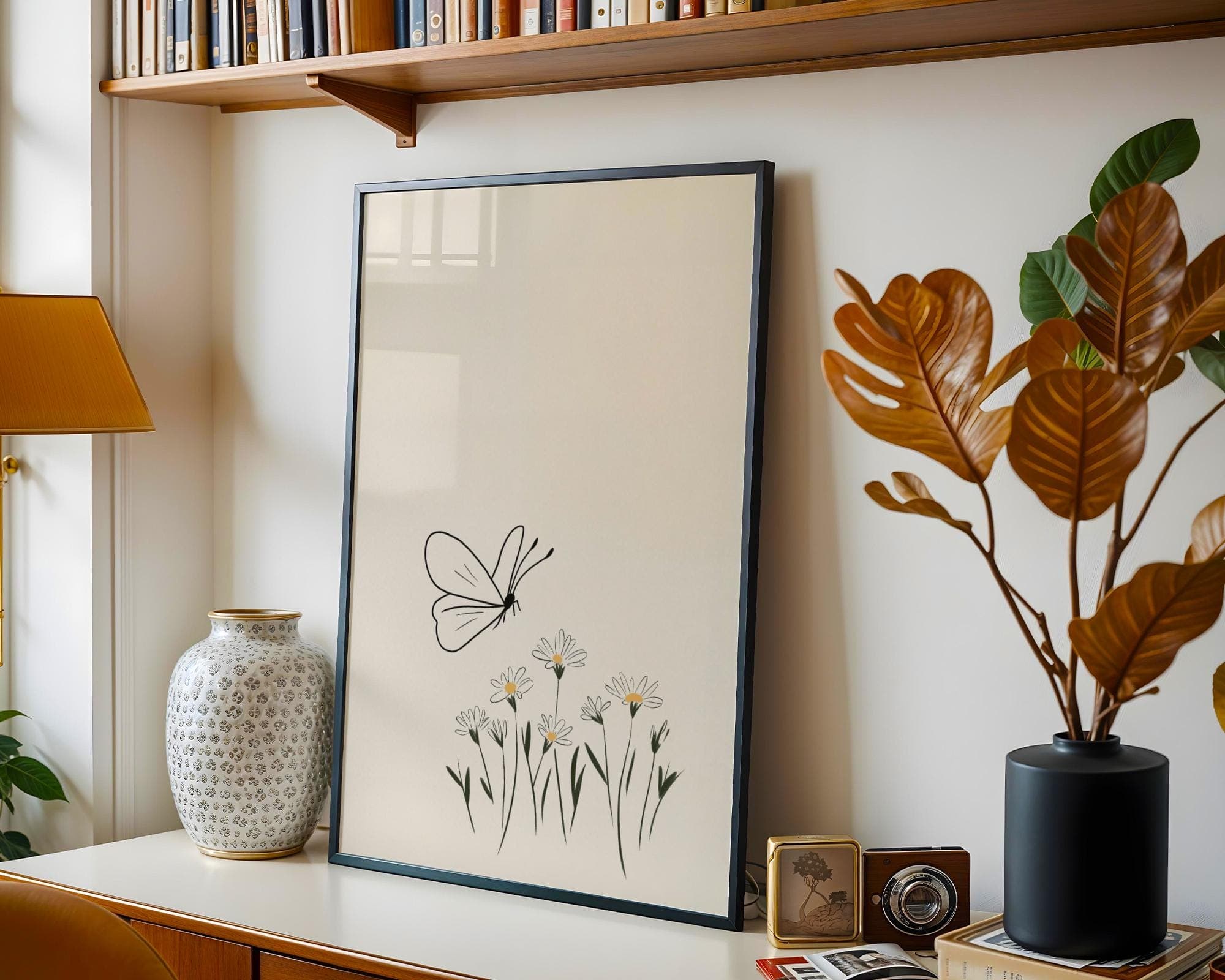 Minimalist Butterfly Wall Art, Scandinavian Nature Print, Soft Beige Wall Art, Line Drawing Butterfly Print, Beige Floral Wall Art - view 3