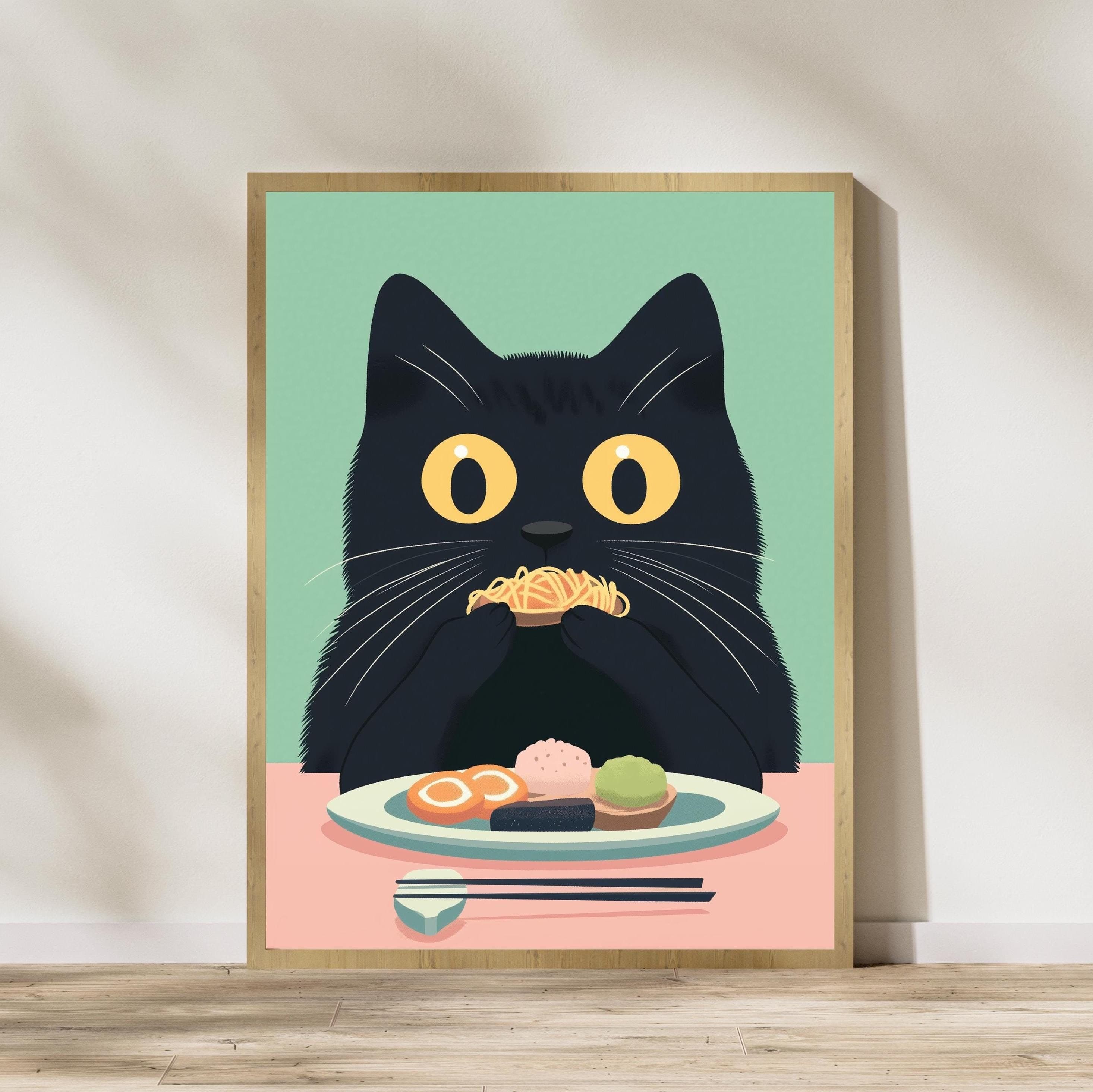 Black Cat Tapas Art Print, Whimsical Cat Kitchen Decor, Black Cat Wall Print Funny Cat Kitchen Print, Maximalist Cat Art, Funny Cat Art