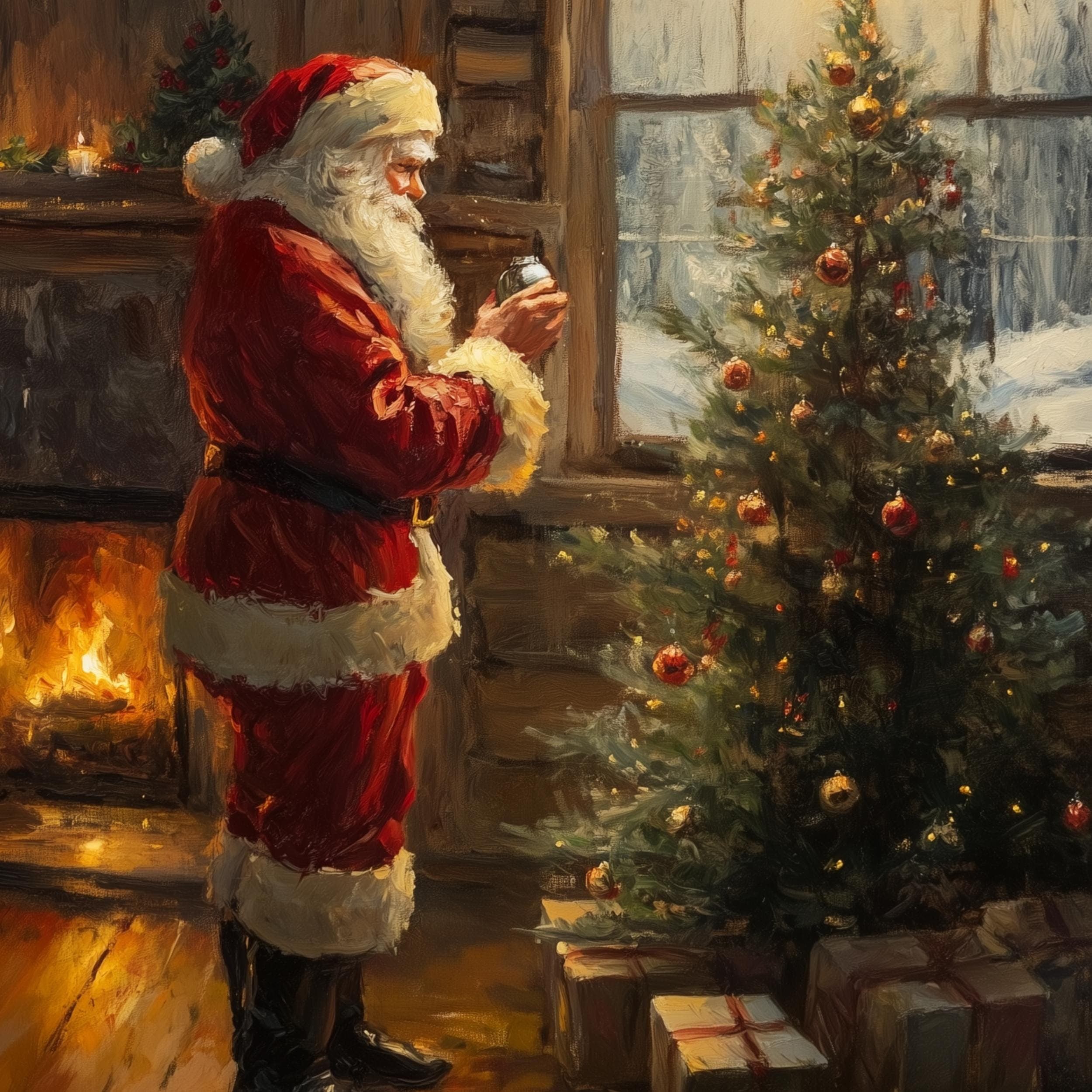 Santa Claus Decorating Christmas Tree Print, Vintage Cozy Christmas Wall Art Print, Digital Christmas Print, Warm Holiday Print, Santa Art - view 2