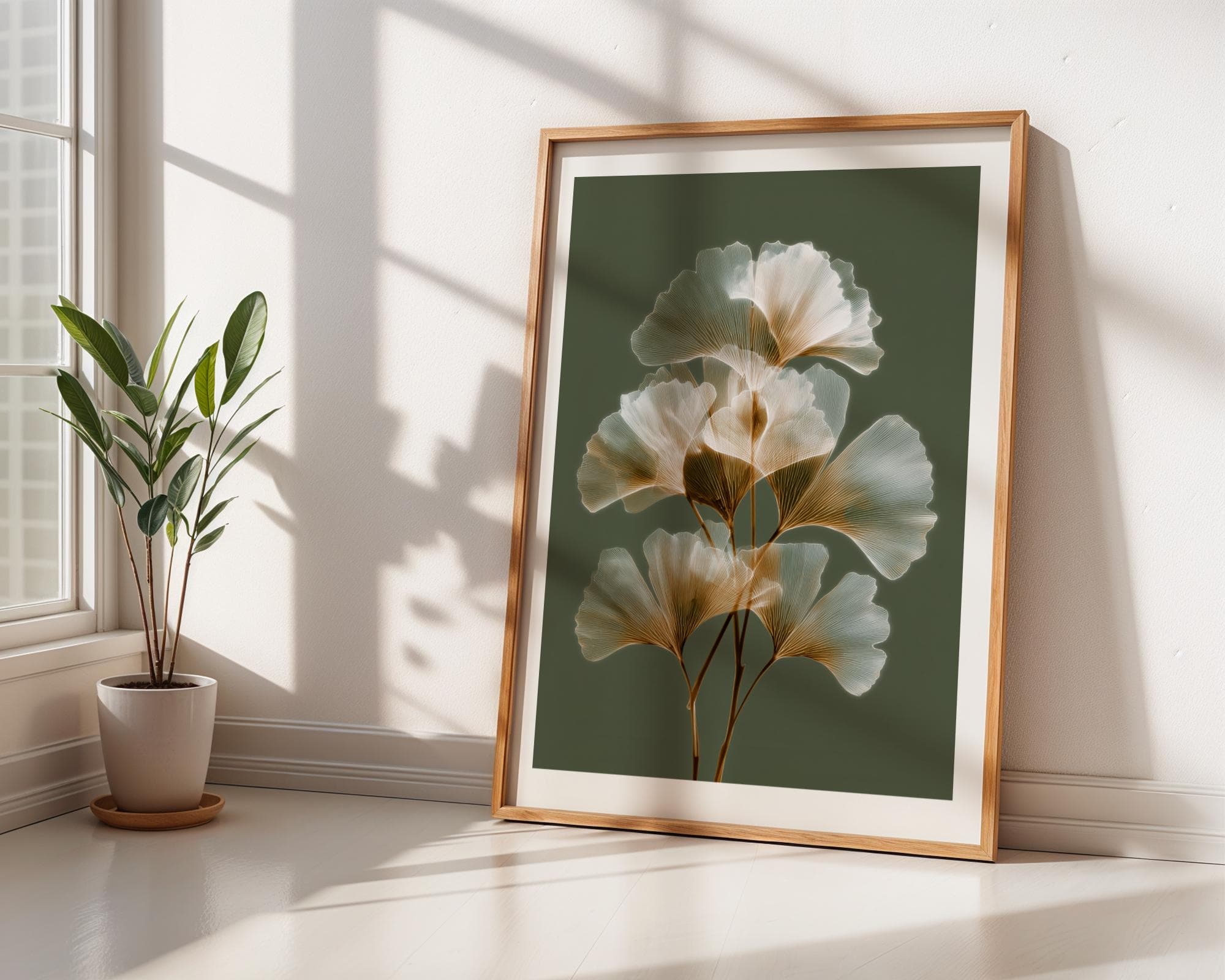 X Ray Ginkgo Leaf Wall Art Botanical Green Beige Radiograph Print Modern Minimal Nature Decor, Elegant Natural Art Print, Minimalist Floral - view 6