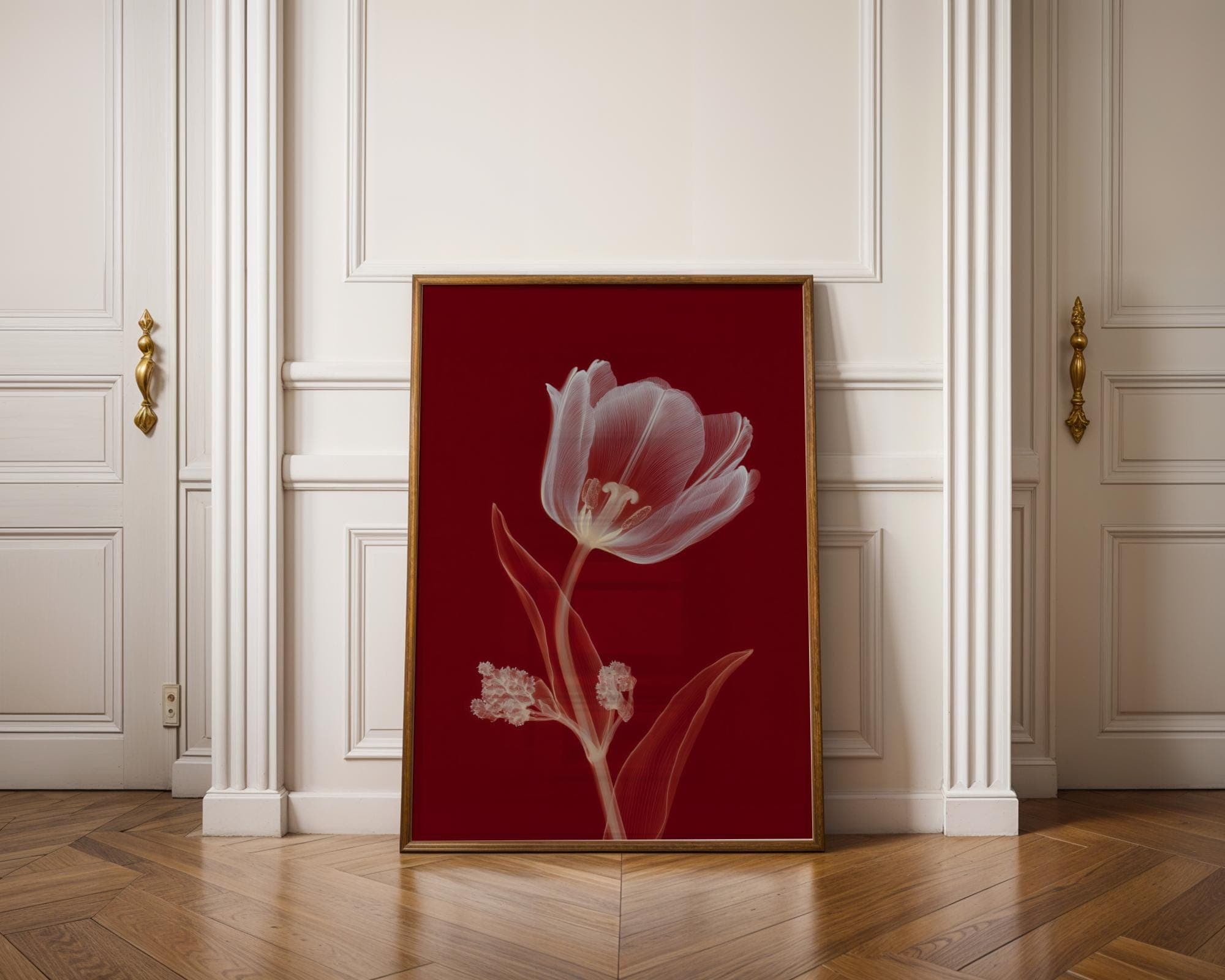 Red X-Ray Tulip Flower Wall Art Print, Minimal Flower Poster, X-Ray Tulip Flower Wall Art, Minimal X-Ray Flower Art, Deep Red Botanical Art