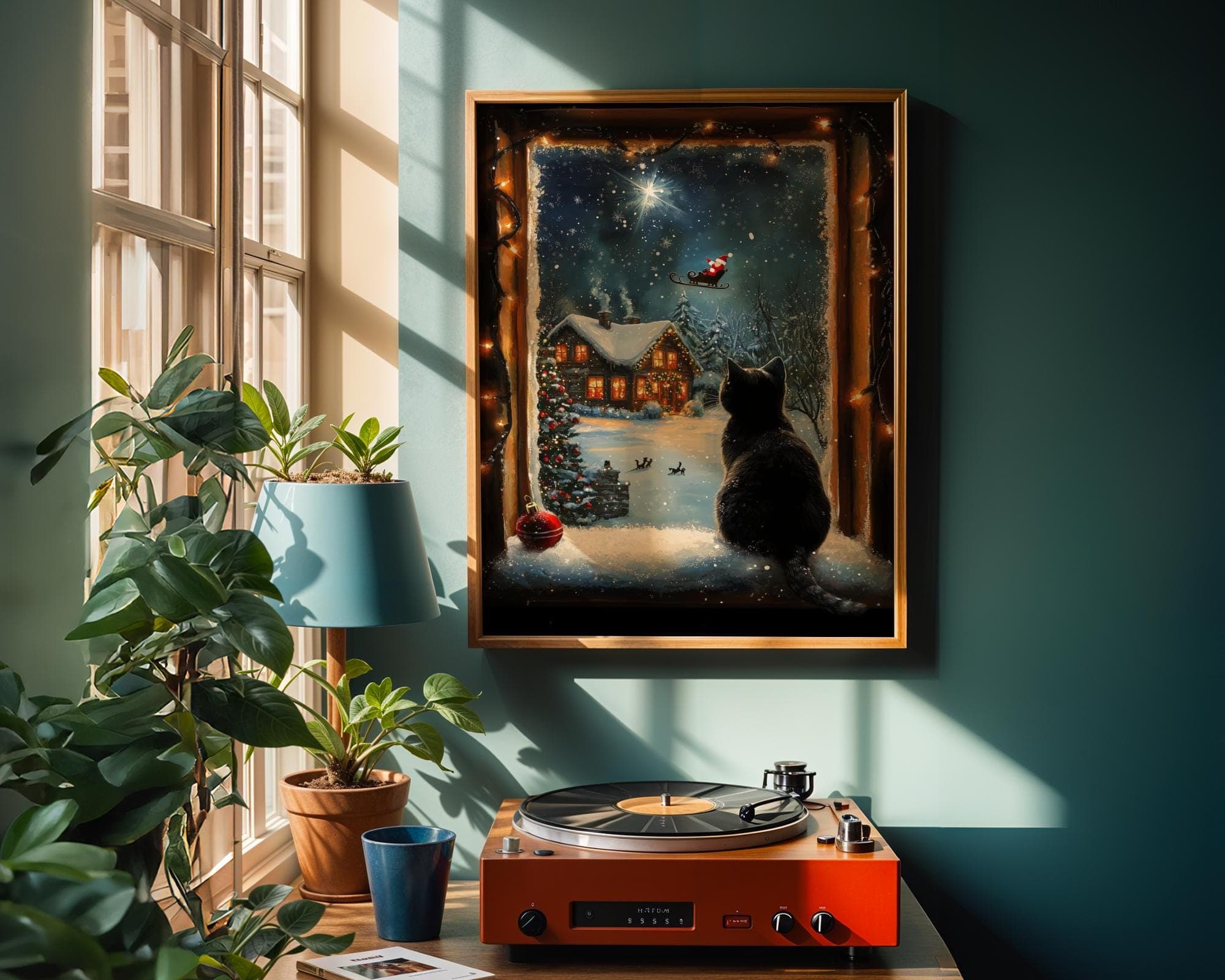 Black Cat Christmas Art Print: Santa, Snowy Cabin (Digital Download) - view 4