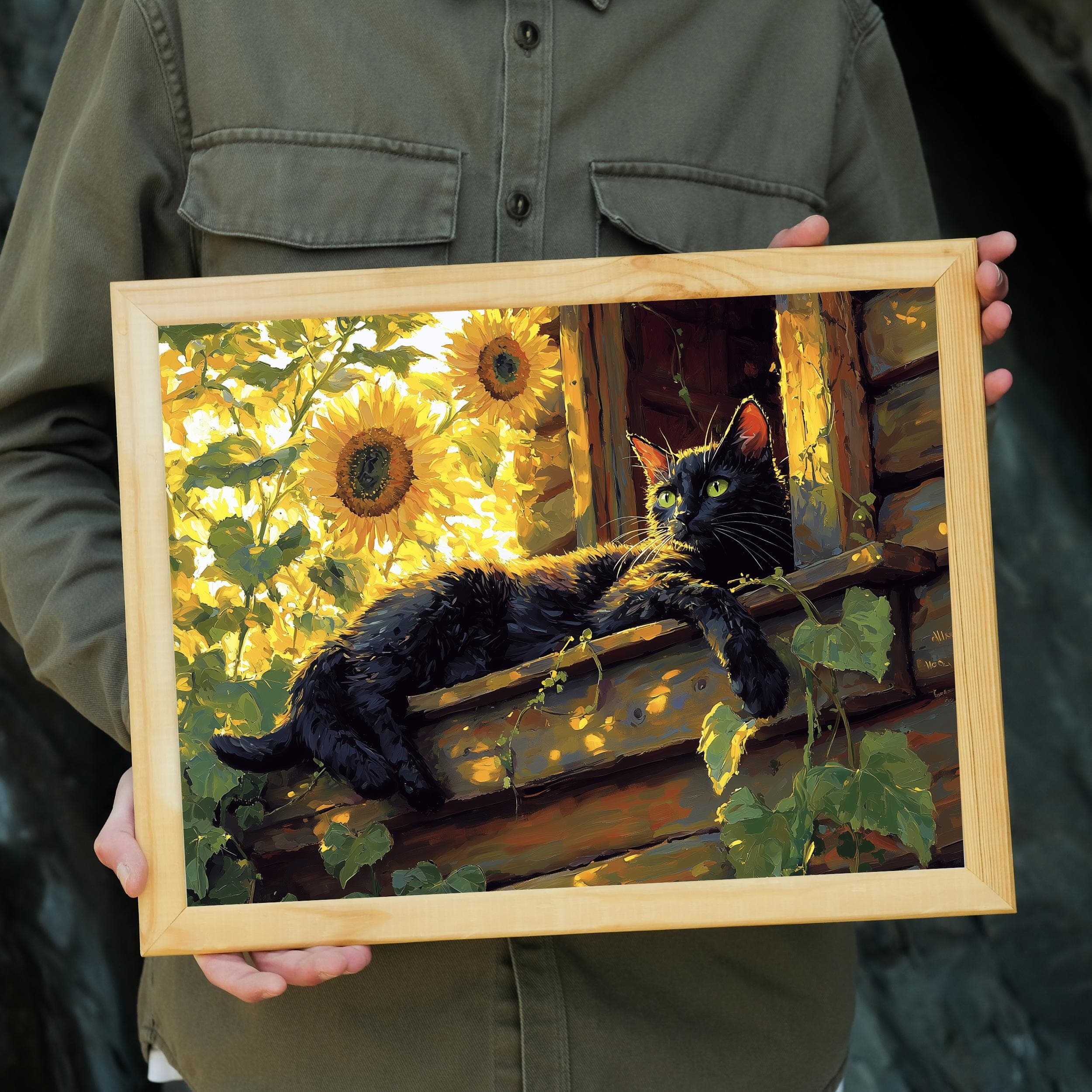 Black Cat and Sunflowers Wall Art, Rustic Wall Decor, Warm Nature Print, Whimsical Black Cat with Sunflowers, Calming Black Cat Poster - view 5