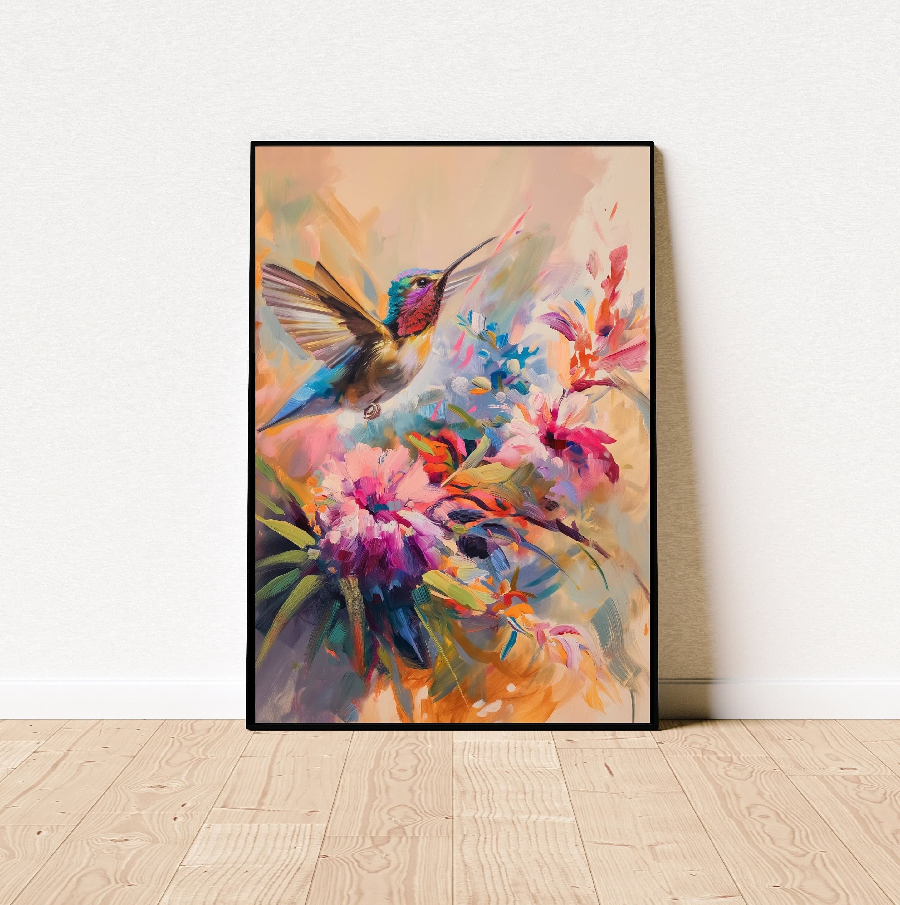 Colorful Hummingbird Poster, Oil Painting, Hummingbird Digital Wall Art, Vibrant Hummingbird and Flowers, Colorful Bird Art, Bird Poster