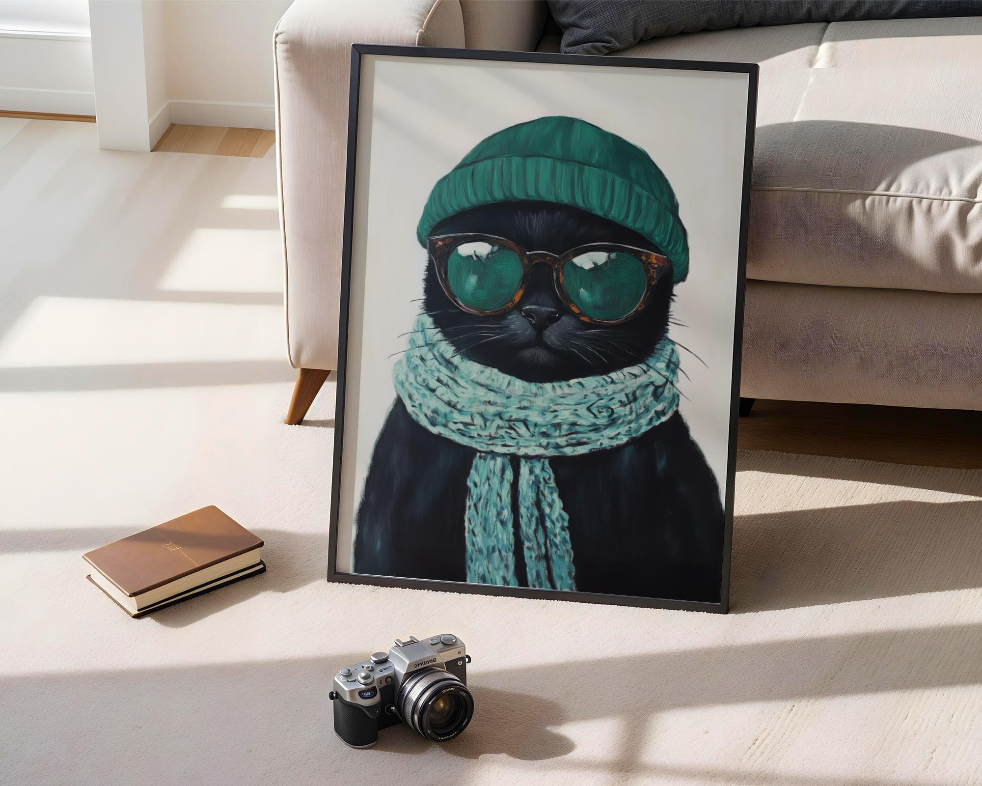 Trendy Black Cat Wall Art, Hipster Cat Portrait, Quirky Cat Decor, Matisse Black Cat Painting, Cool Cat Wall Art, Quirky Black Cat Print - view 2