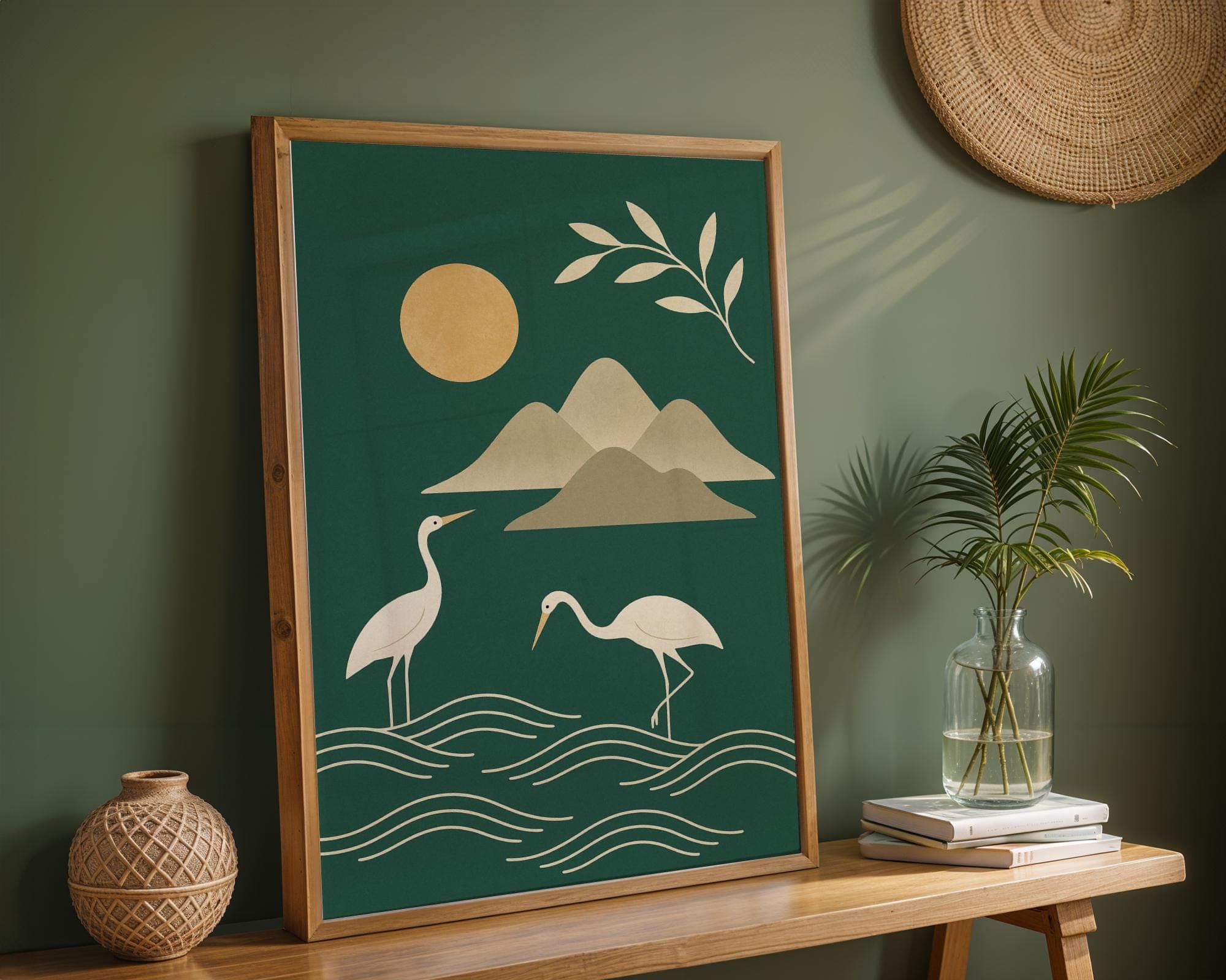 Abstract Bird Wall Art, Emareld Green Japandi Wall Art, Modern Asian Bird Poster, Minimalist Crane Wall Art, Zen Crane and Waves Print - view 4