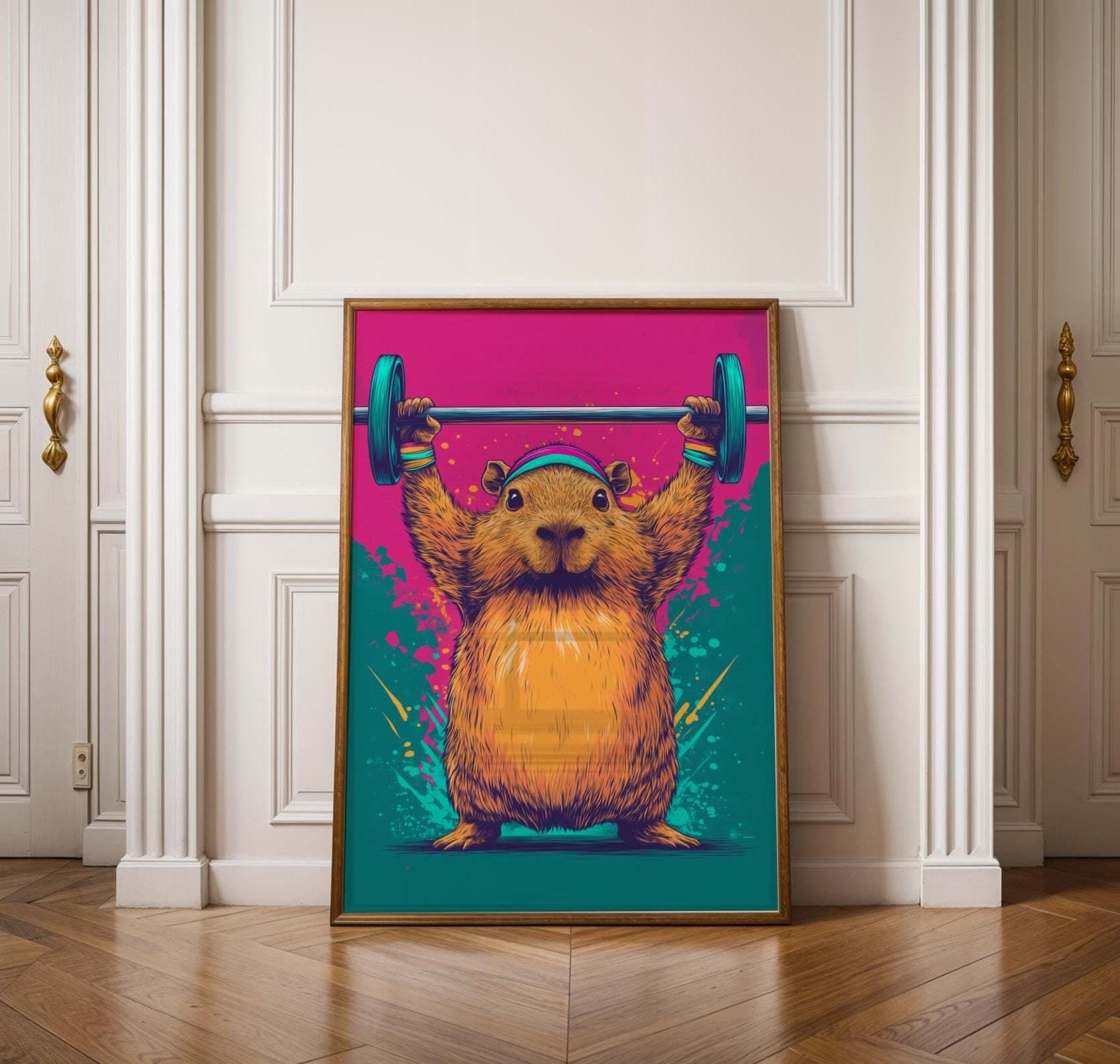 Capybara Print, Funny Capybara Art Print, Digital Download, 80s Aesthetic Capybara Wall Print,Colorful Capybara Poster,Gym Motivation Poster