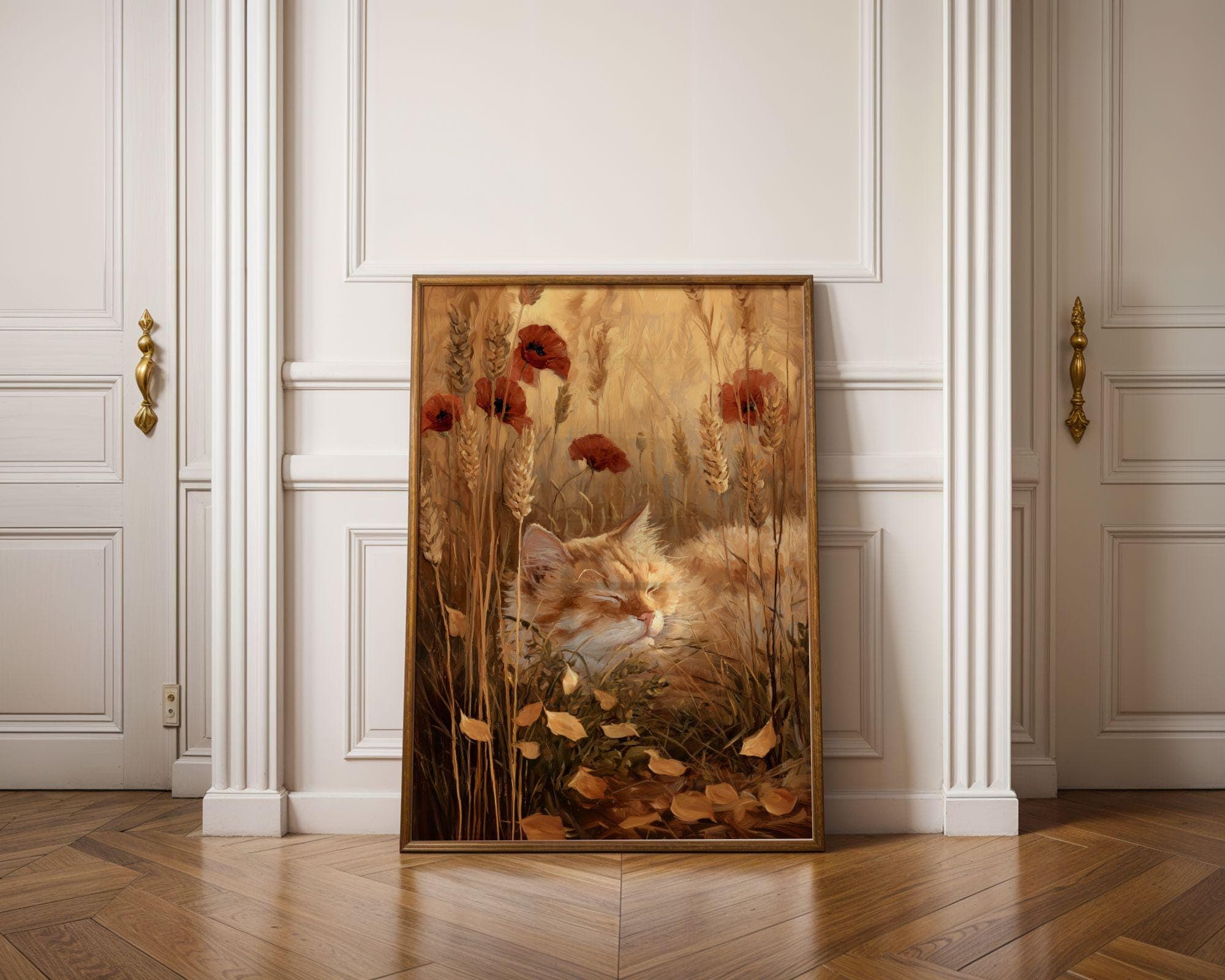 Cat Wall Art Print | Ginger Cat in Poppy Field, Cottagecore Cat Poster | Sleeping Tabby in Wheat, Nature Cat Poster, Tabby Cat in Wildflower