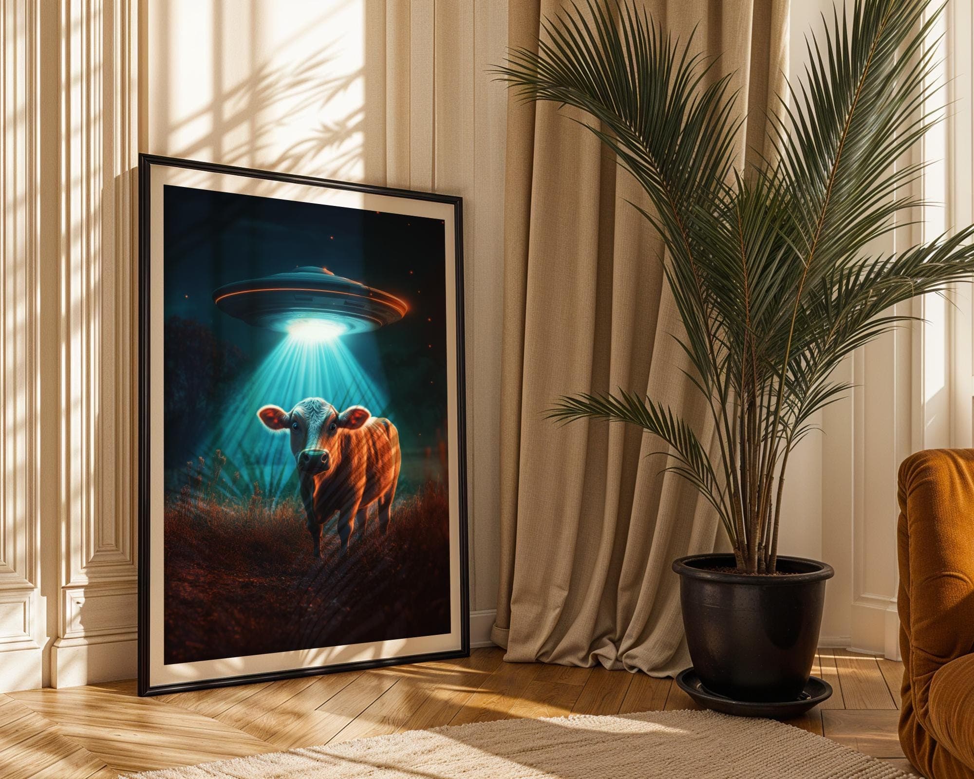 Cow Alien Abduction Art Print, Vintage UFO Print, Digital Download, Funny Wall Decor, Funny Cow Print, Funny Digital Wall Prints, Funny Art - view 3