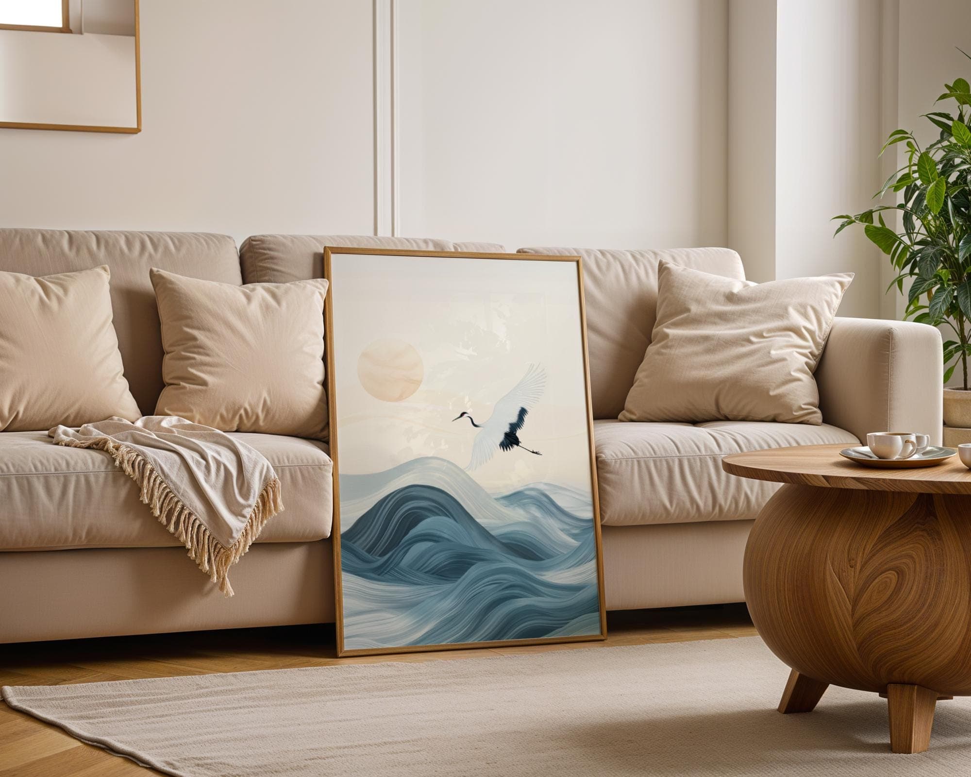 Japanese Crane Wall Art, Japanese Wall Art, Wabi Sabi Wall Art, Blue Waves Japandi Wall Art Print, Printable Wall Art, Zen Wall Hanging - view 3