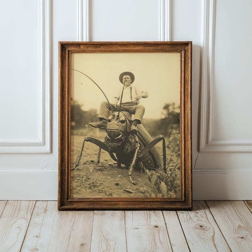 Quirky Grasshopper Cowboy Wall Decor, Quirky Rustic Wall Art, Humorous Retro Sepia Fantasy Insect Art Print, Digital Download, Surreal Art