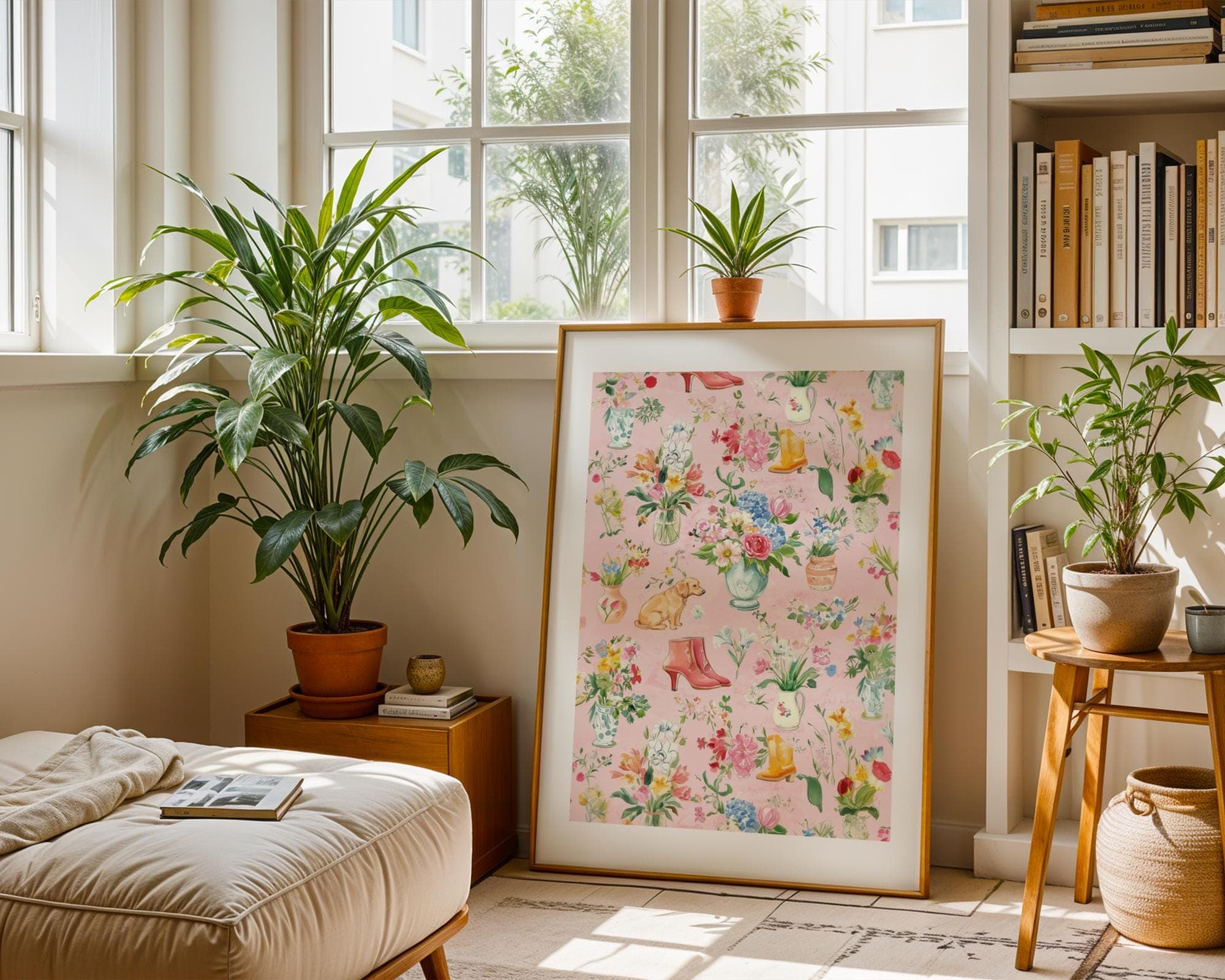 Watercolor Flower and Boots Wall Art, Pink Botanical Poster for Girls' Rooms, Pink Vintage Floral Wall Art with Dog, Boots, and Vases - view 5