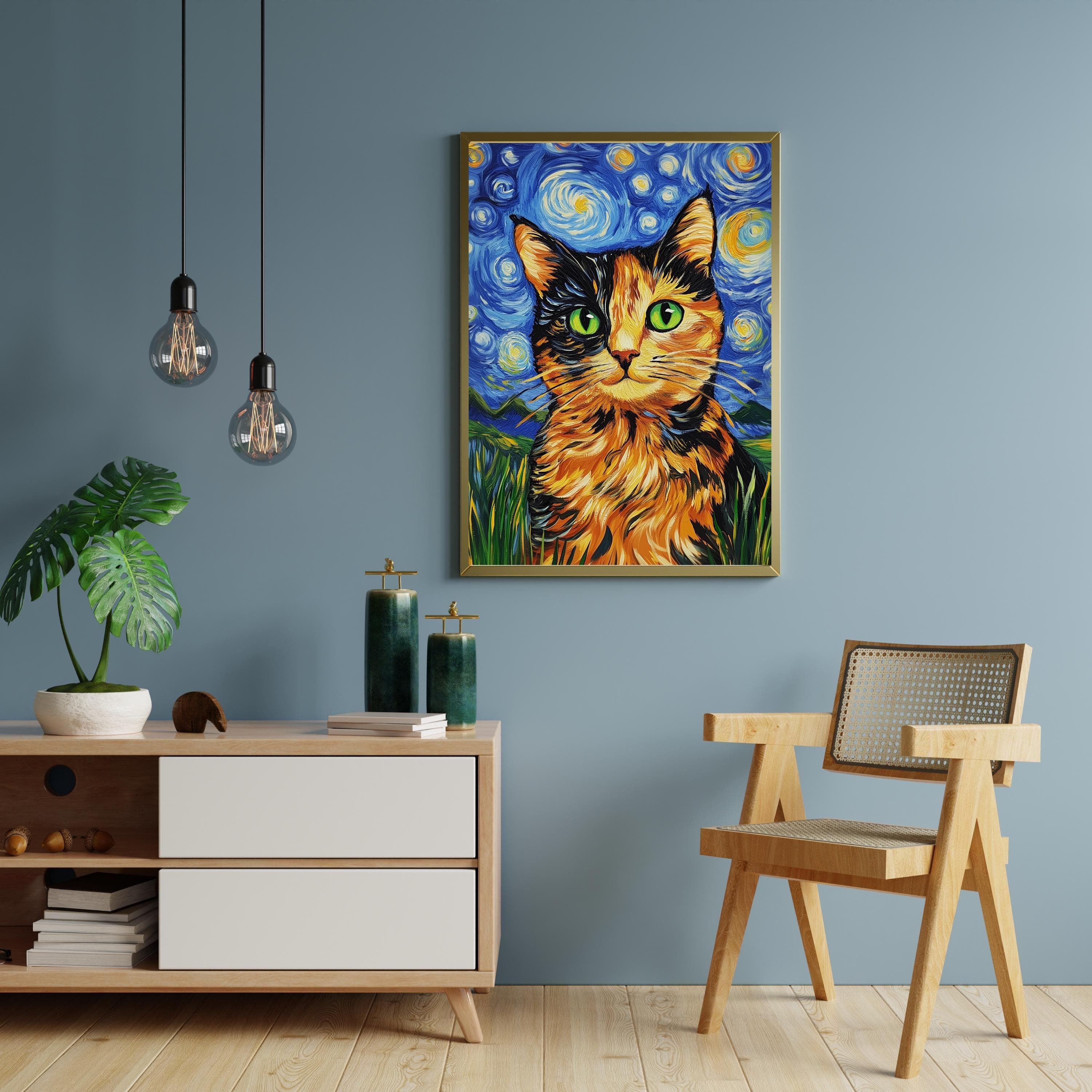 Abstract Cat Wall Art, Van Gogh Inspired Starry Night Cat, Colorful Wall Art Inspired by Van Gogh, Colorful Abstract Cat Painting, Cat Print - view 6