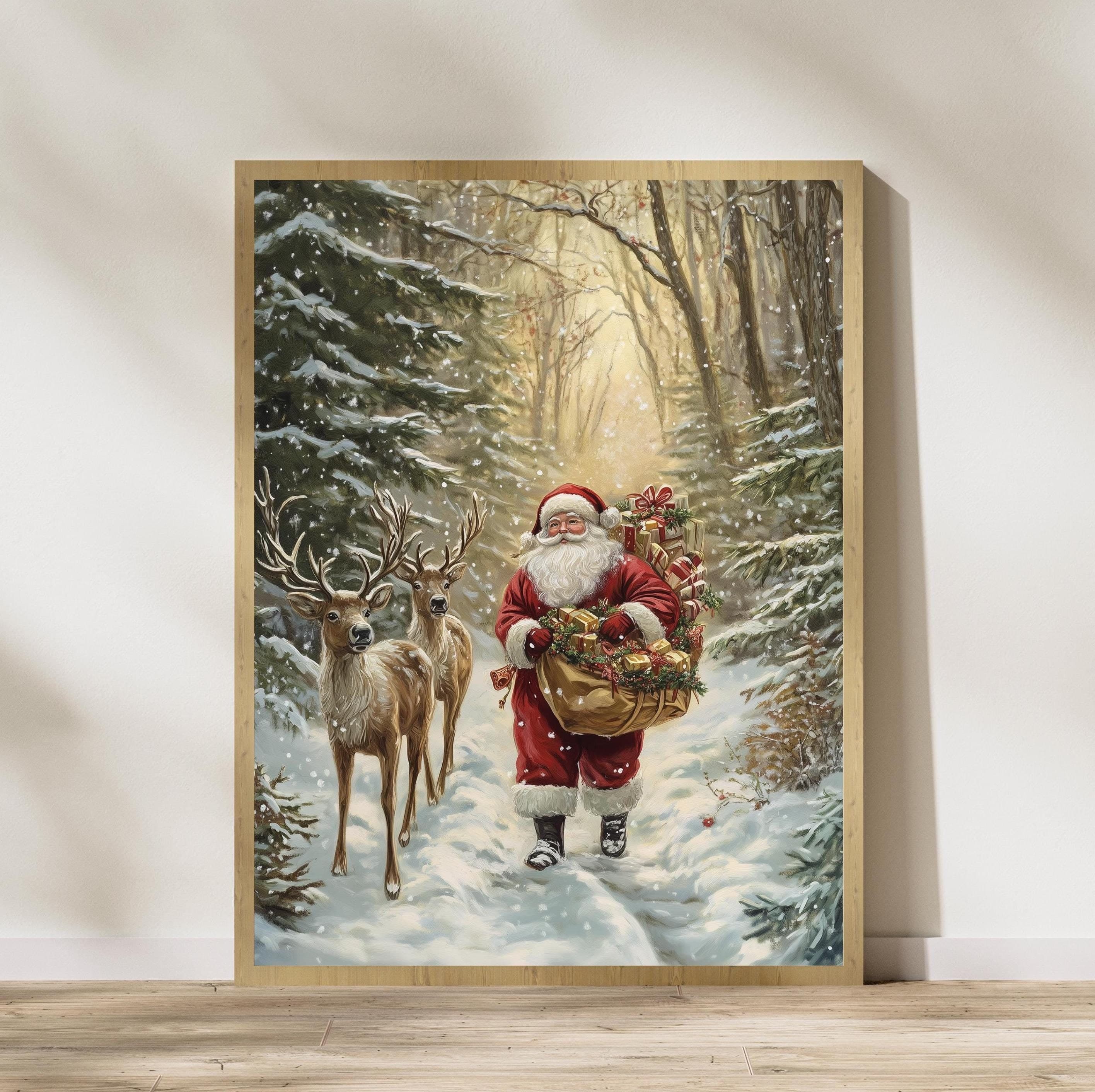 Santa Claus and Deer Painting - Rustic Holiday Wall Art for Christmas, Christmas Wall Art, Digital Download, Holiday Wall Decor, Santa Print