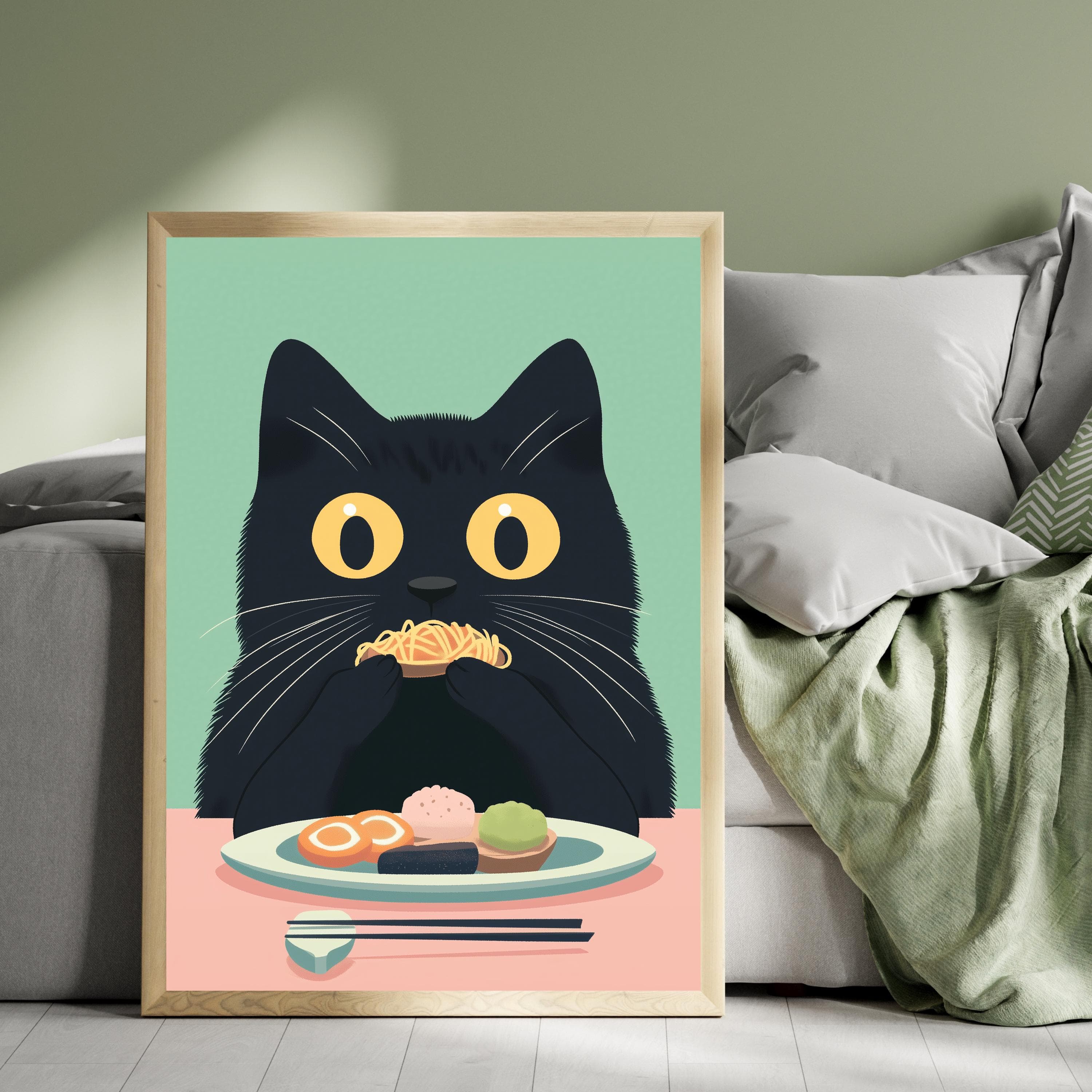 Black Cat Tapas Art Print, Whimsical Cat Kitchen Decor, Black Cat Wall Print Funny Cat Kitchen Print, Maximalist Cat Art, Funny Cat Art - view 5