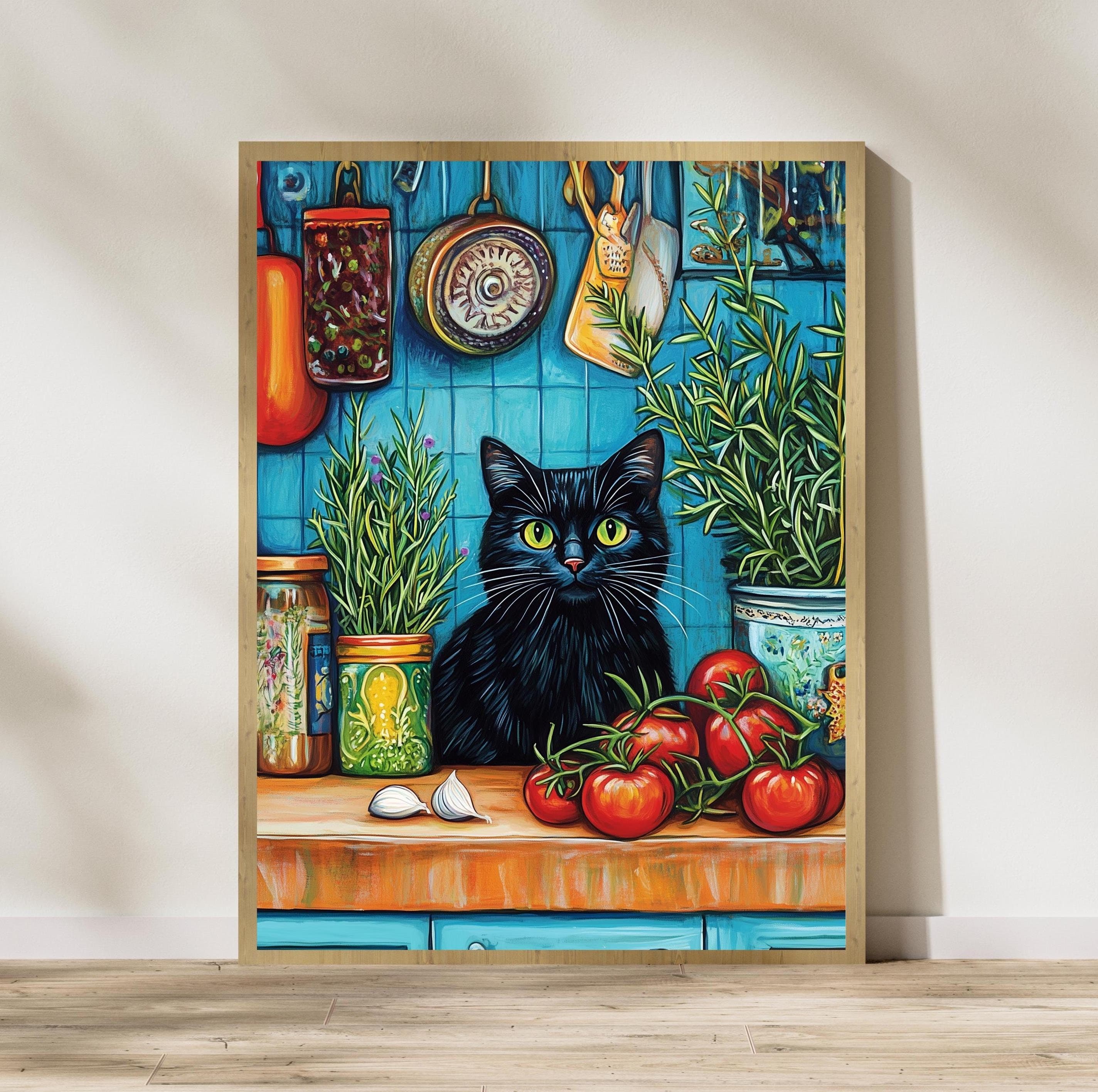 Whimsical Black Cat Kitchen Print, Vintage Farmhouse Art (Digital Download)