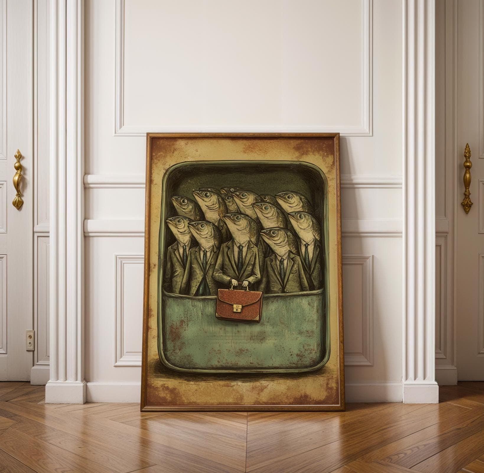 Funny Sardine Painting, Funny Retro Surrealism Wall Print, Dark Humor Wall Decor, Vintage Sardine Print, Digital Download, Sardine Art