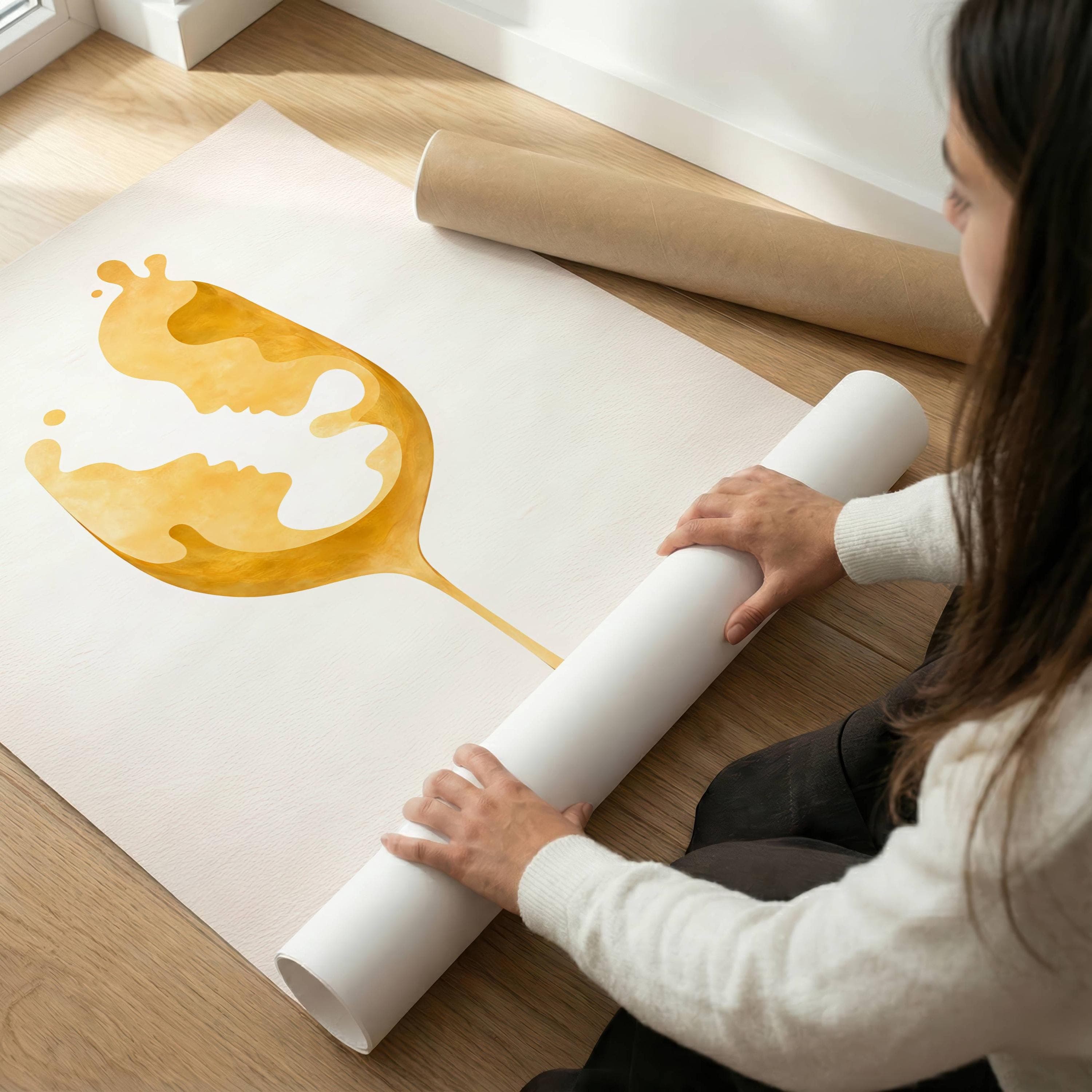 Abstract Wine Glass Wall Art Print, Gold Minimalist Couple Face Line Art Poster, Romantic Modern Dining Room Bar Decor Gift, Wine Lover Gift - view 2