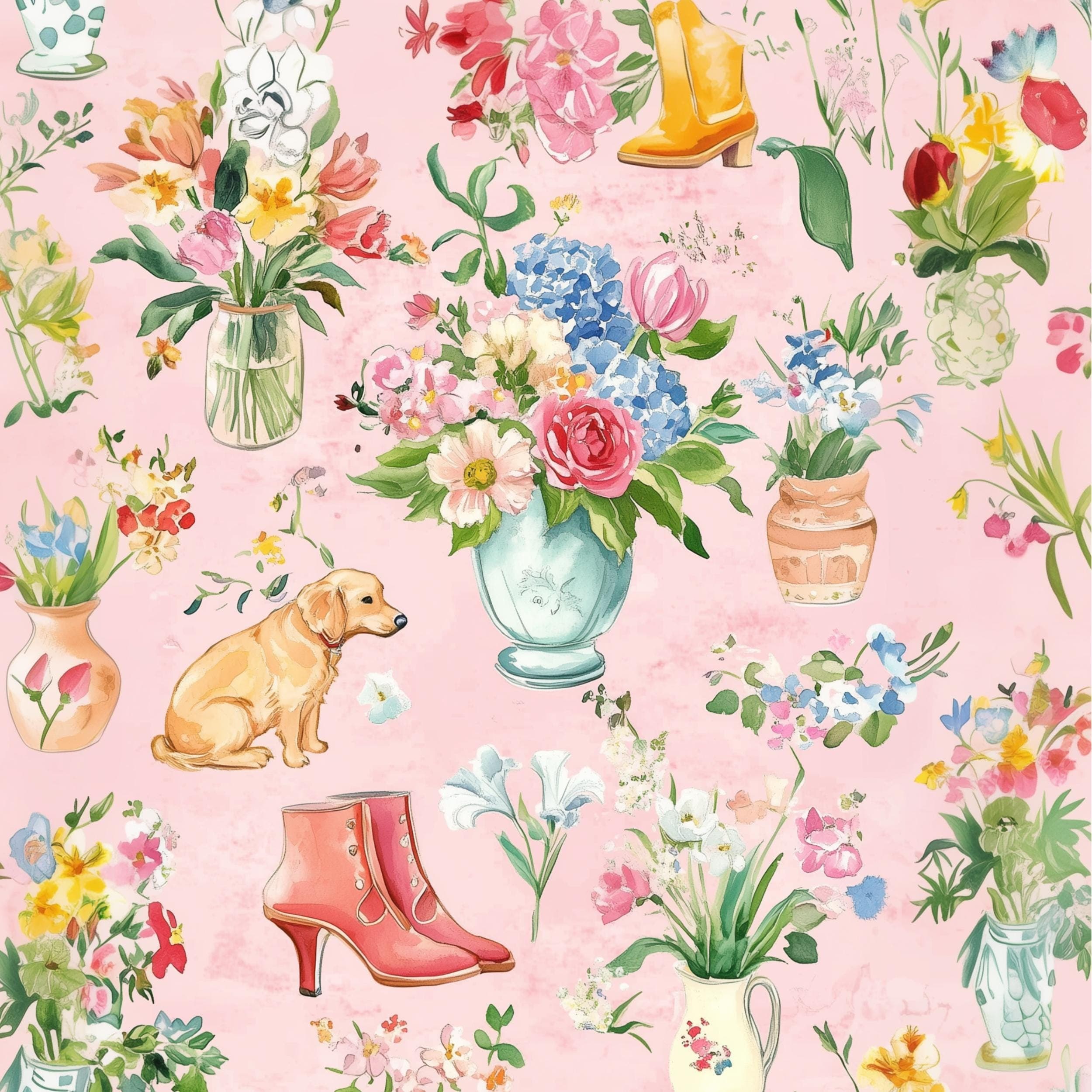 Watercolor Flower and Boots Wall Art, Pink Botanical Poster for Girls' Rooms, Pink Vintage Floral Wall Art with Dog, Boots, and Vases - view 2