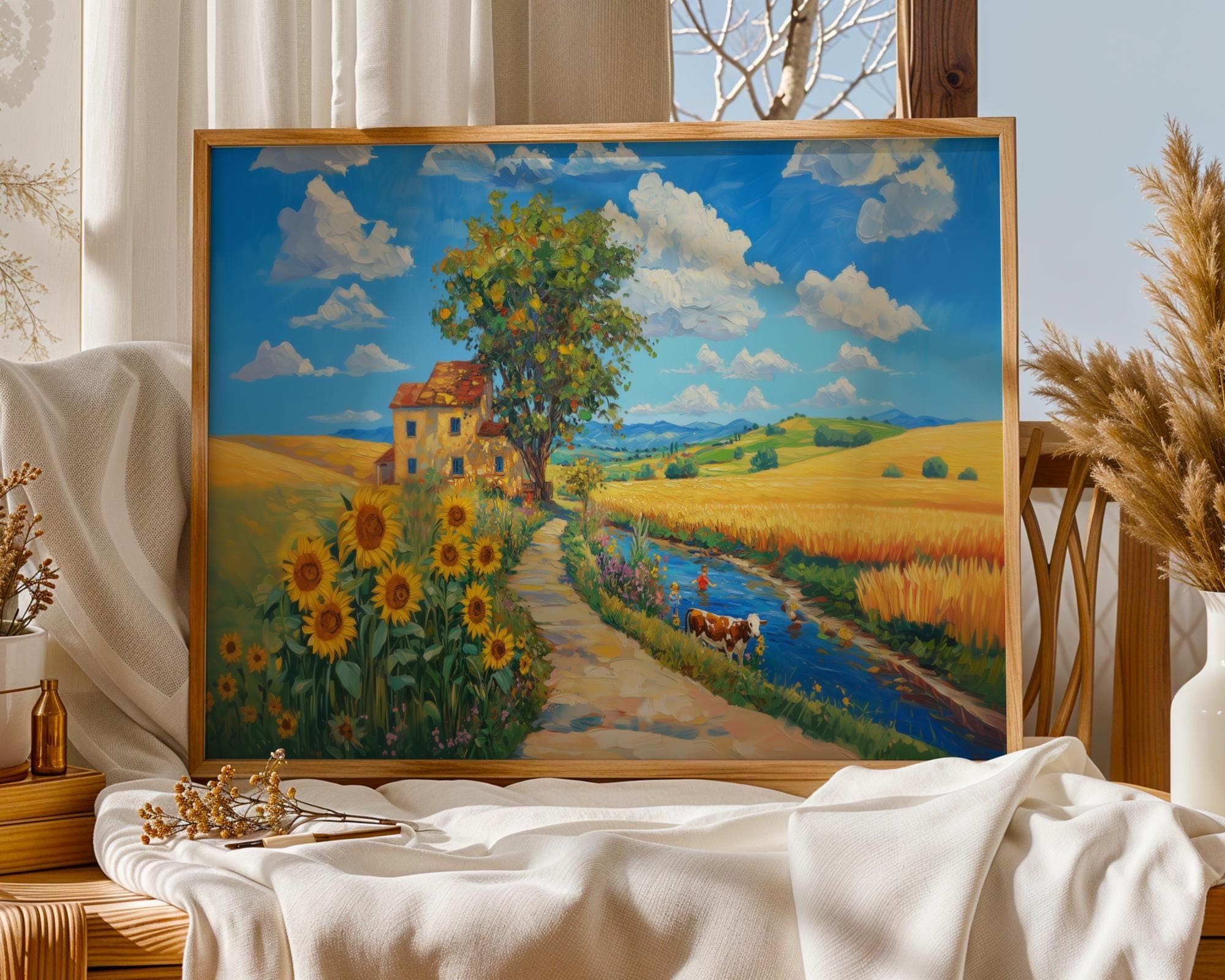 Sunflower Field Country Landscape Wall Art, River and Cow Summer Painting, Rustic Farmhouse Print for Kitchen or Cottage Style Decor