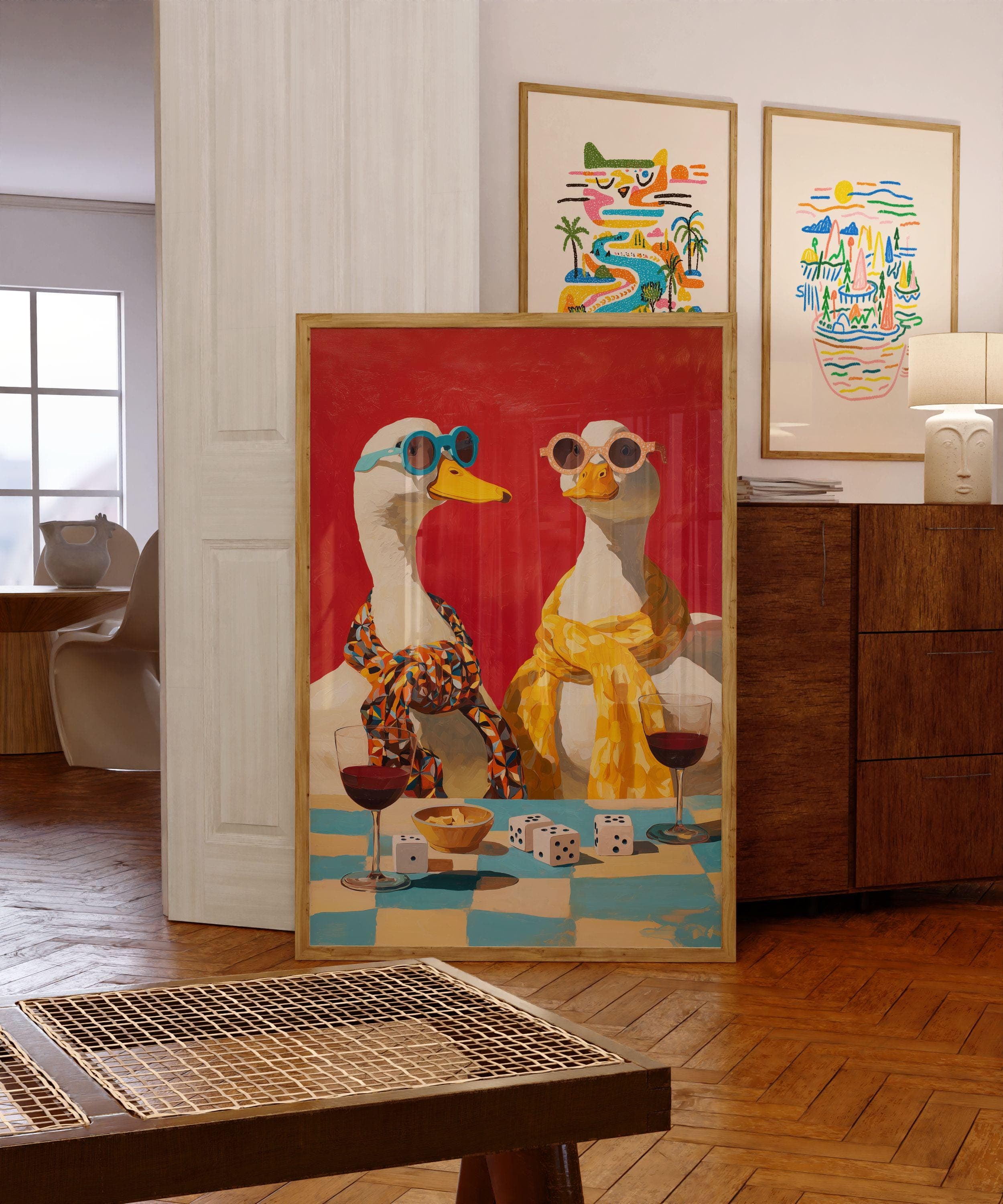 Funny Duck Wall Art Kitchen Decor, Retro Duck Couple Wall Art, Duck Wine Art Kitchen Decor, Duck Wine Art Kitchen Decor, Quirky Animal Print