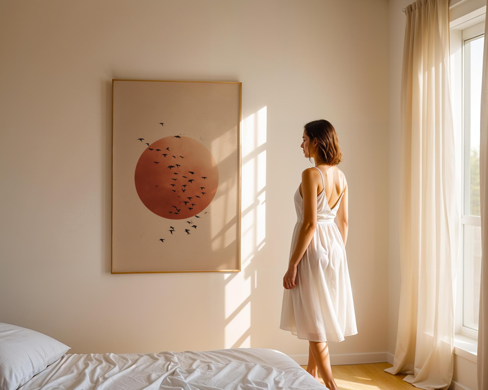 Japandi Minimalist Wall Art | Beige Sun and Flying Birds Print | Modern Zen Nature Poster, Printable Wall Art, Scandinavian Minimalist Print - view 4