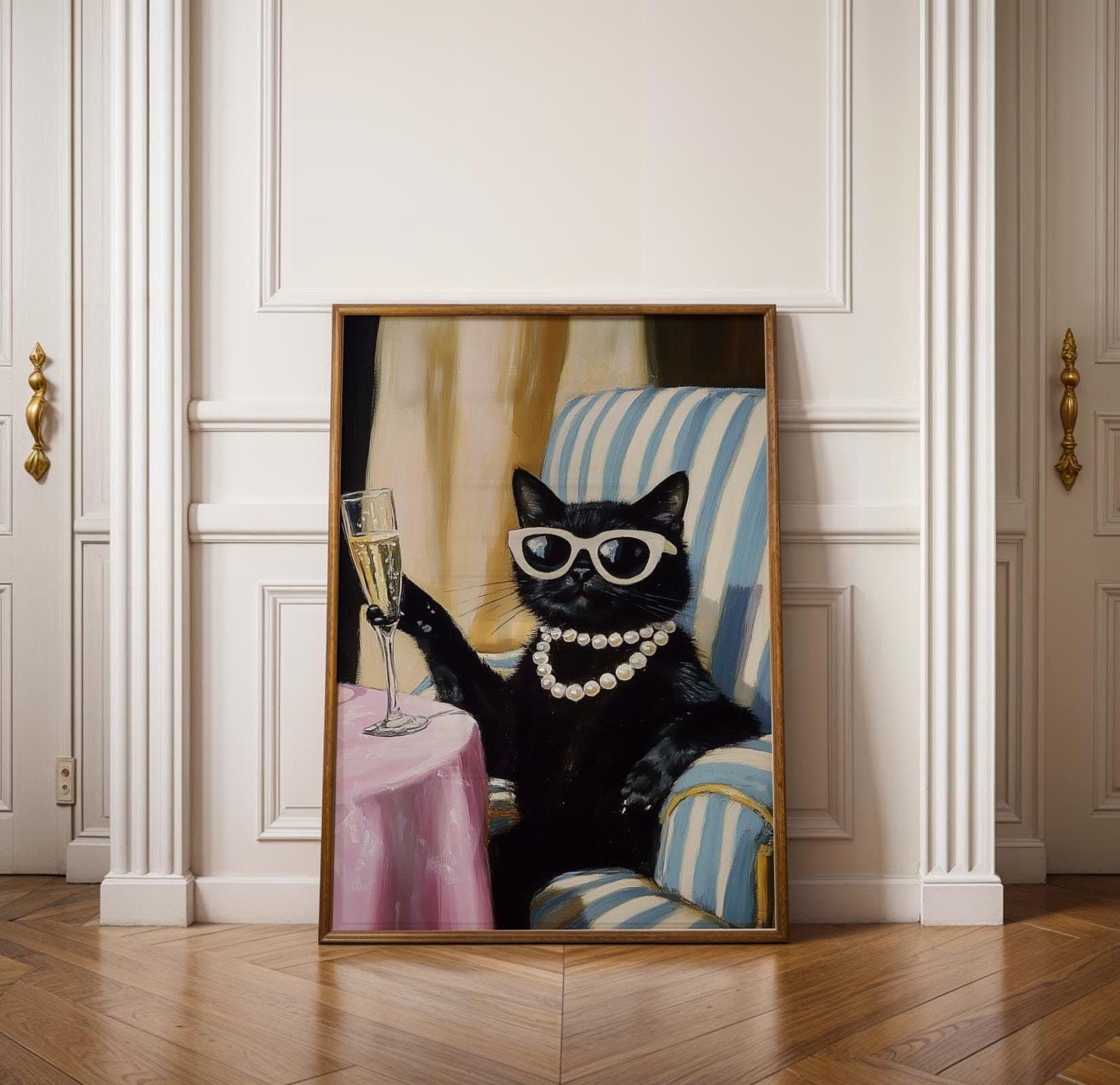 Chic Black Cat Art - Glamorous Feline Wall Print, Quirky Cat Poster, Digital Download, Funny Black Cat Print - Sassy Cat Drinking Champagne