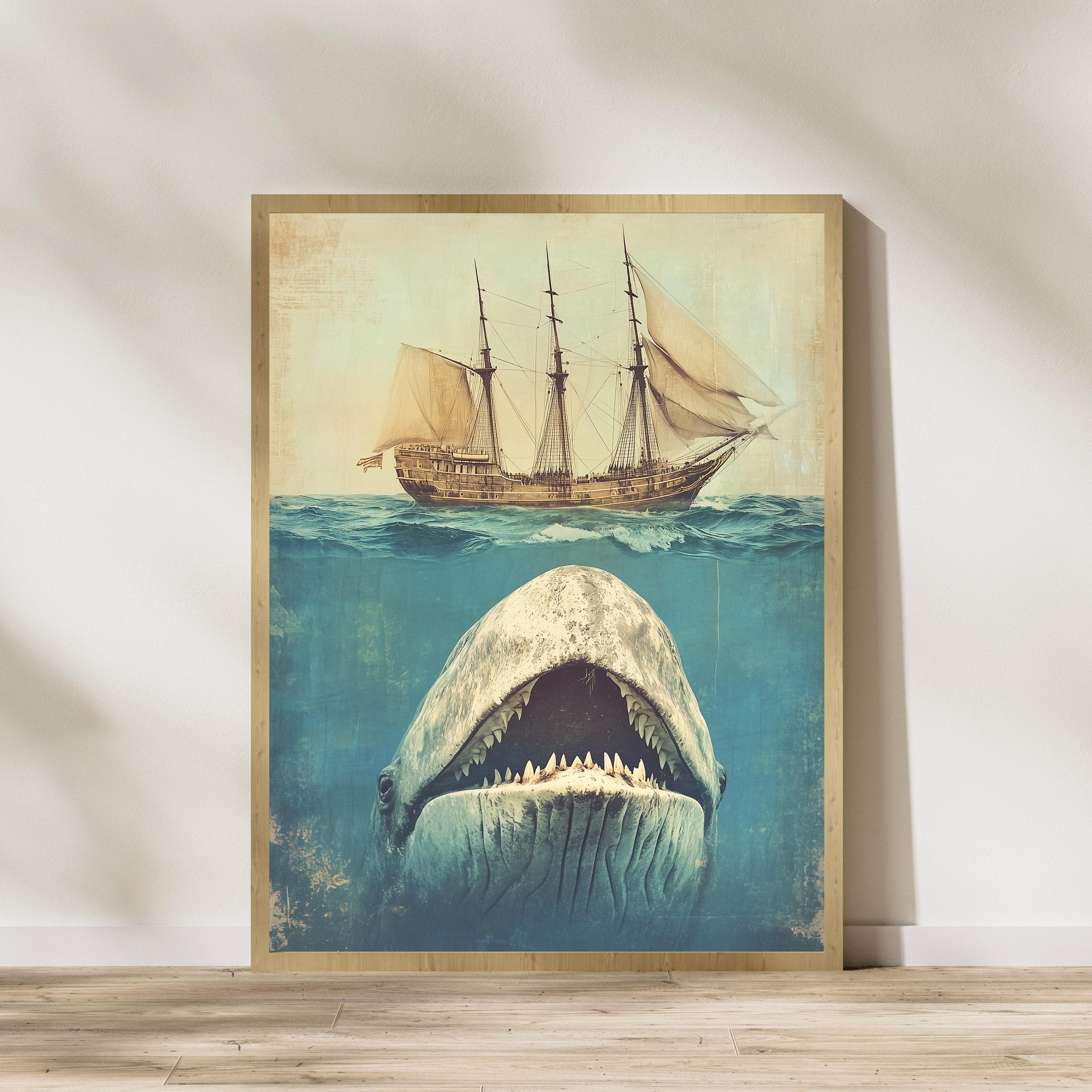 Whale Art, Under the Sea Illustration, Retro, Sea Animals, Crude Area The Whale Large and Ship, Whale and Sail Art, Whale Print, WhalePoster