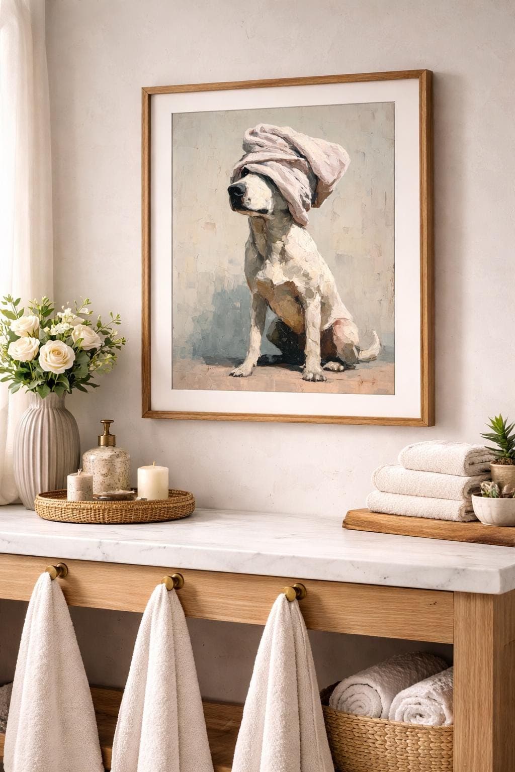 Cute Dog With Towel Wall Art, Funny Bathroom Dog Print, Neutral Dog Painting, Spa Decor Poster, Bathtub Wall Art, Whimsical Dog Wall Art - view 2