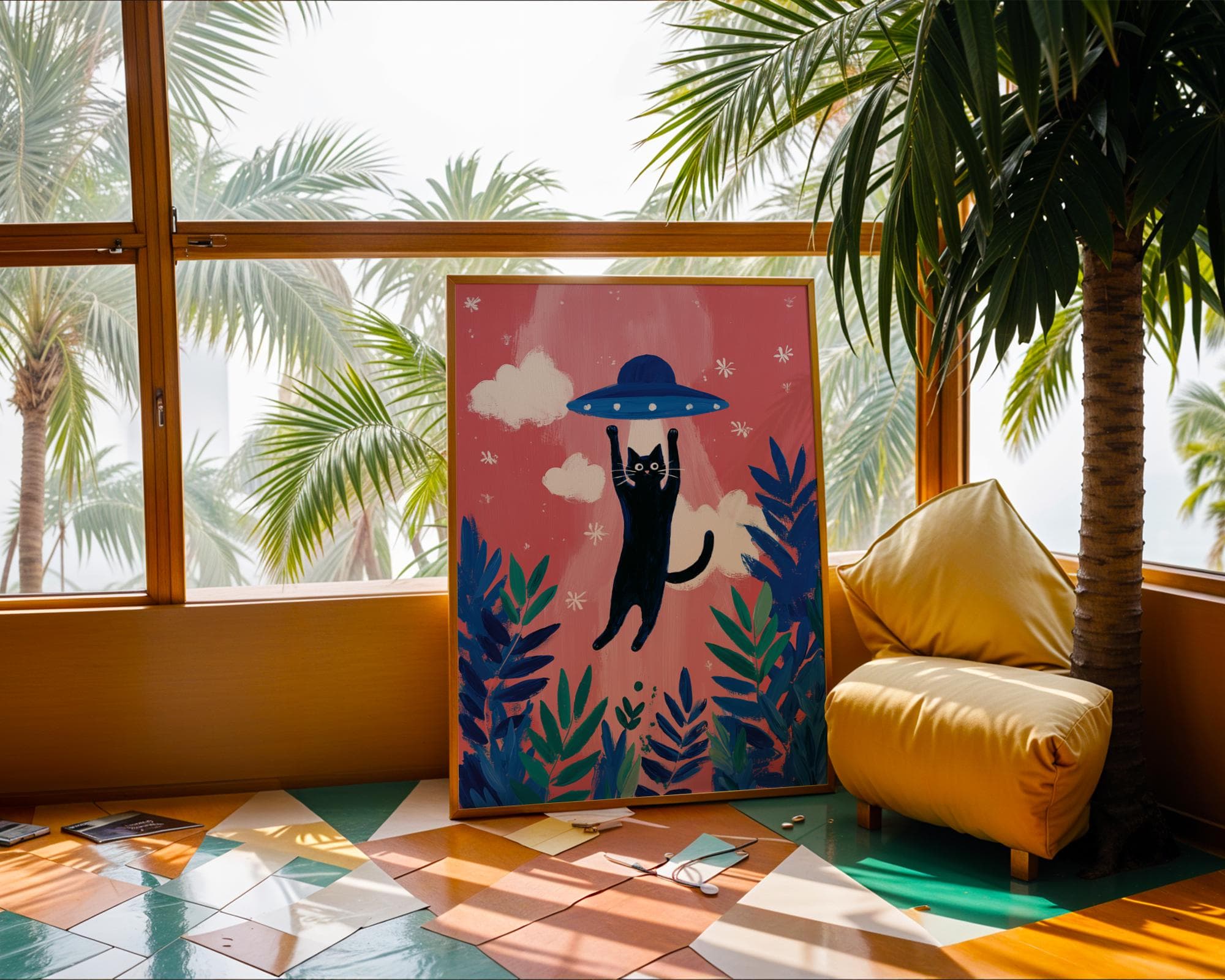 Black Cat UFO Abduction Art, Quirky Pop Art Print, Whimsical Pop Art Decor, Quirky Cat Decor, Whimsical Wall Print, Funny Black Cat Art - view 4