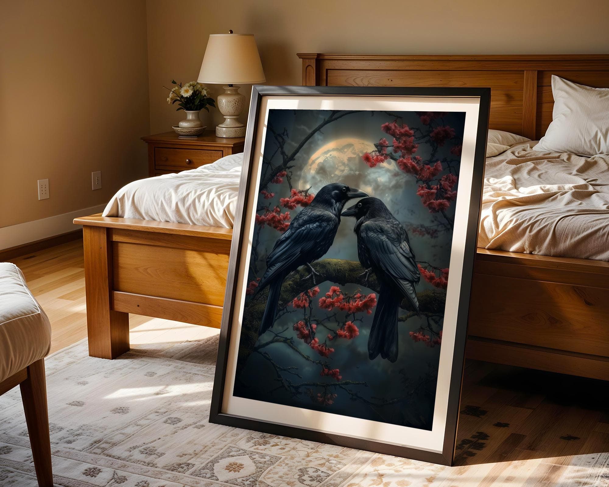 Moonlit Ravens Wall Art Print, Gothic Romance Crow Poster, Dark Academia Raven and Cherry Blossom Painting, Dark Romantic art, Gothic Art - view 4