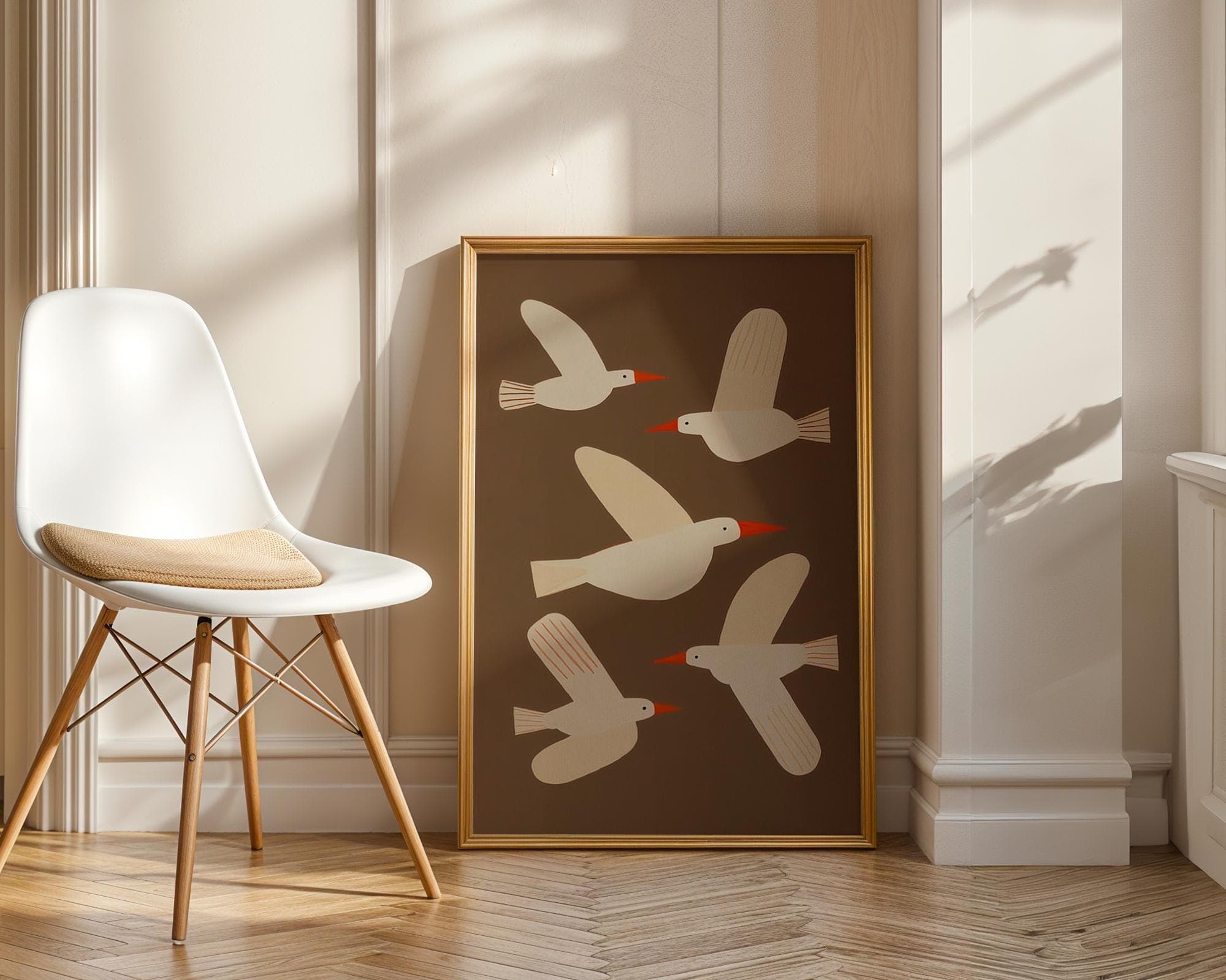 Flying Birds Wall Art, Modern Minimalist Seagull Print, Seagull Wall Art, Brown Background Bird Illustration Decor, Rustic Flying Bird Print - view 3