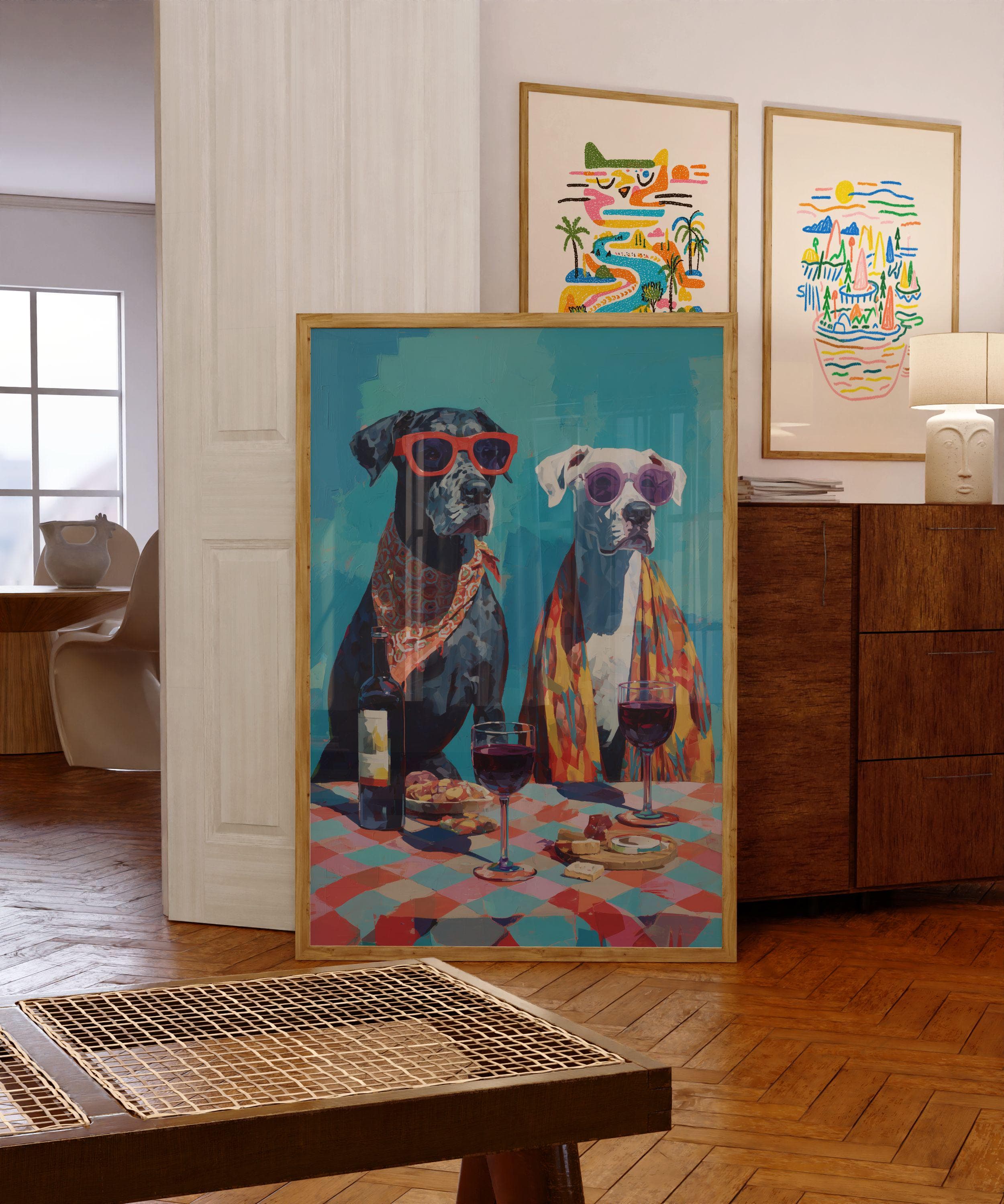 Funny Dog Couple Wall Art, Wine Lover Dog Print, Whimsical Animal Painting, Colorful Pet Portrait Kitchen Dining Room Decor, Wine Lover Gift