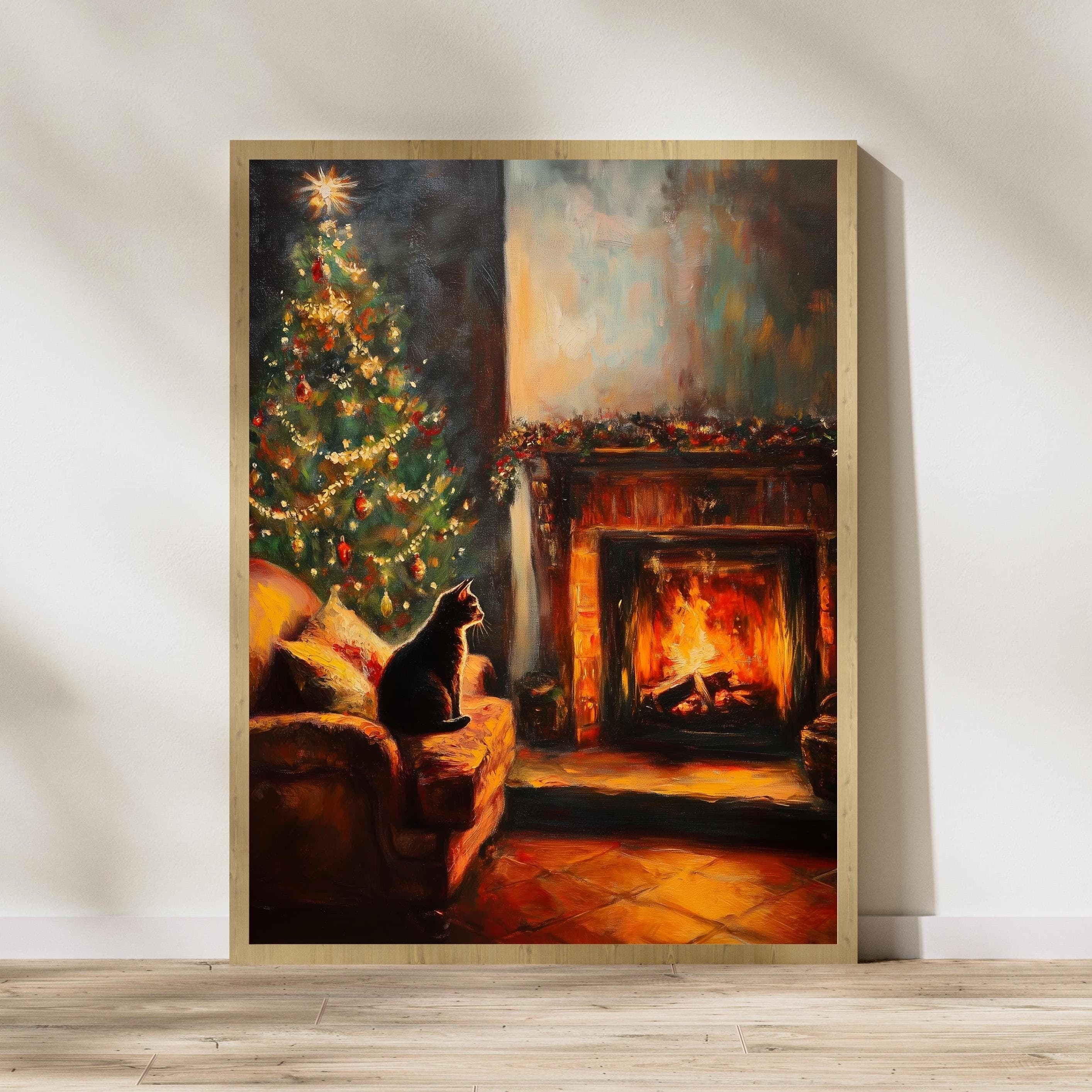 Rustic Christmas Wall Art, Christmas Animal Wall Art, Digital Download, Winter Holiday Art Print, Warm Holiday Prints, Black Cat Fireplace