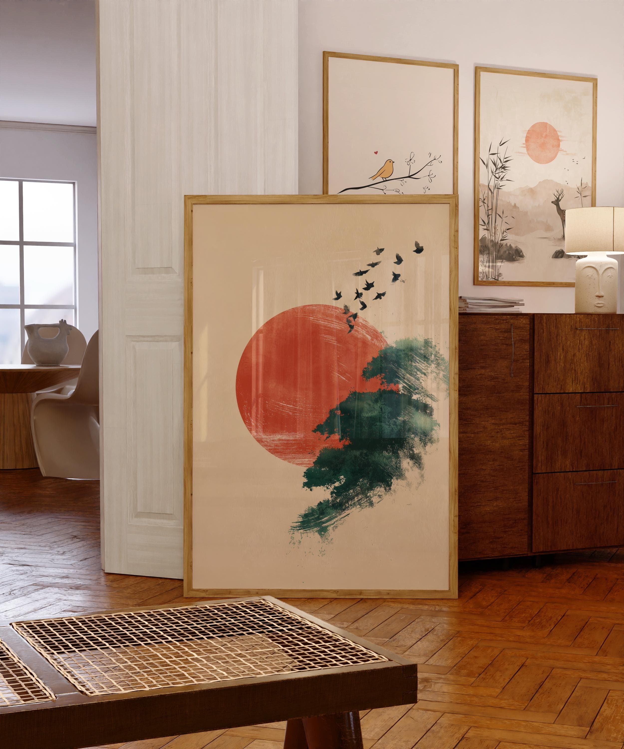 Japandi Minimalist Wall Art | Red Sun and Flying Birds Print | Zen Nature Landscape Painting for Modern Home Decor, Modern Oriental Art