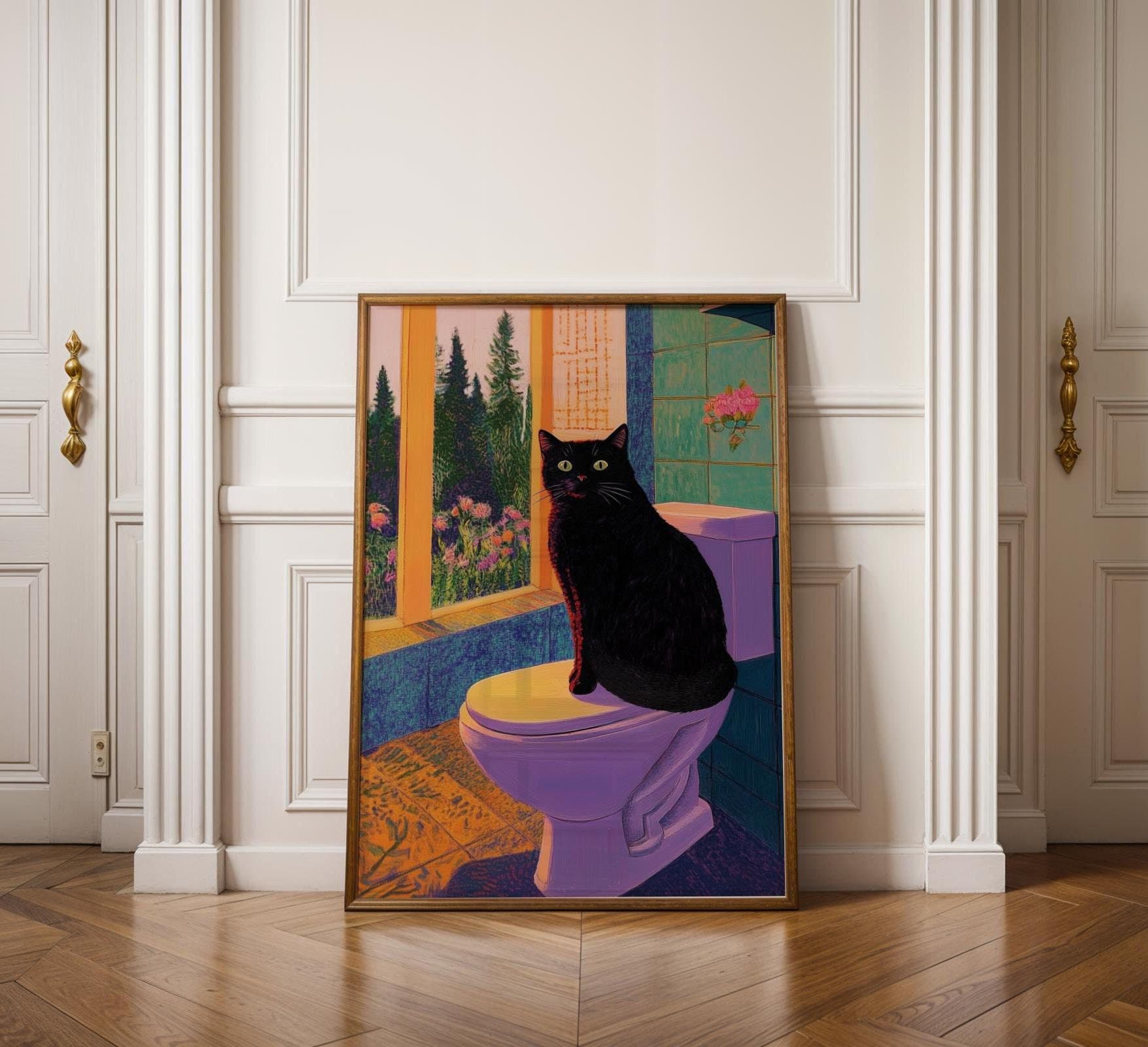 Funny Black Cat Bathroom Wall Art, Quirky Bathroom Decor, Quirky Cat Lover Gift, Black Cat Bathroom Print, Whimsical Cat Decor, Animal Print