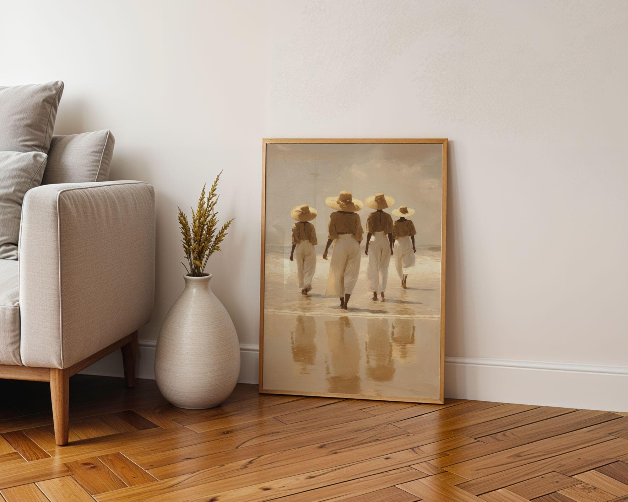African American Wall Art, Feminine Wall Decor, Beach Wall Art Print, Coastal Women in Straw Hats, Neutral Seascape, Minimal Decor, Digital
