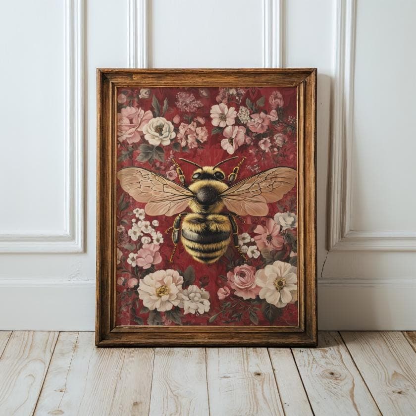 Bee Floral Wall Art Print, Vintage Bee with Flowers, Bumblebee on Flowers Wall Art, Vintage Floral Art Print, Vintage Botanical Print