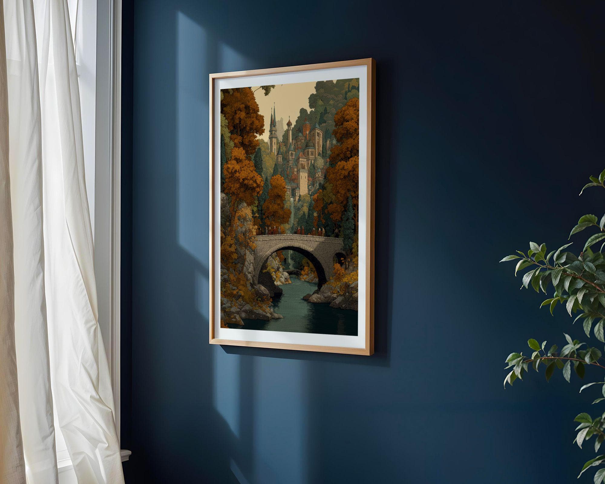 Autumn Medieval Village Landscape Print, Enchanted Bridge Poster, Fantasy Elven Landscape Art Print, High Fantasy Cityscape Poster - view 8