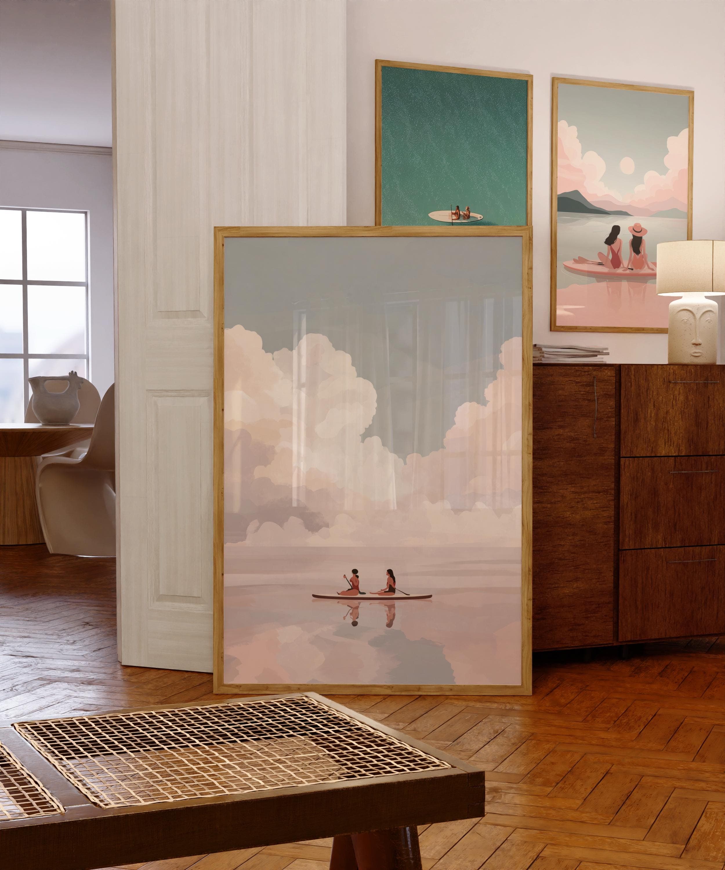 Pastel Paddle Board Wall Art, Two Women Paddle Boarding in Soft Pink Clouds, Relaxing Coastal Wall Print, Aesthetic Beach House Art, Digital