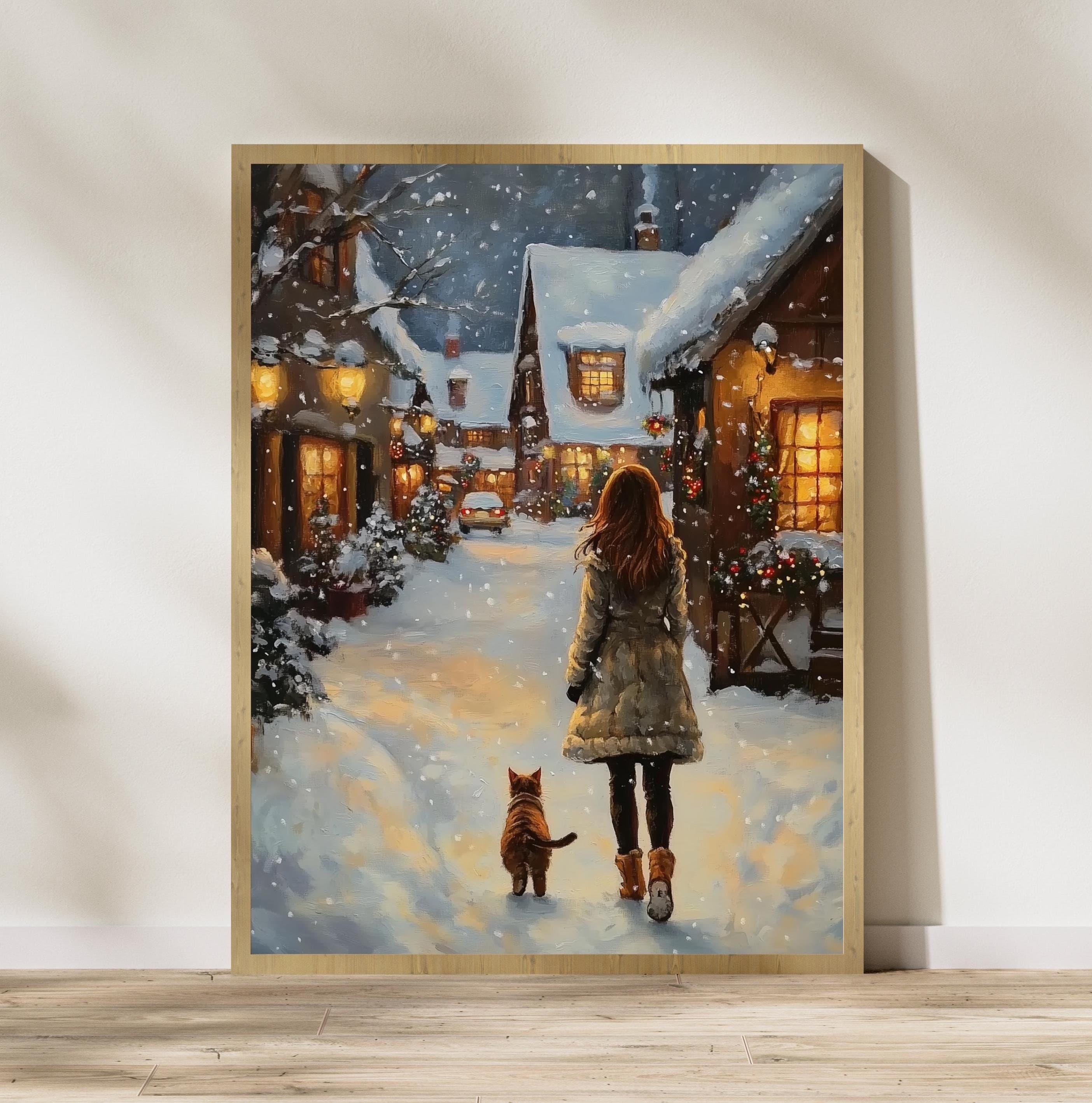 Christmas Woman and Cat Walking in the Snow Poster, Girl and Cat Print, Holiday Cat Lover Gift Wall Art, Festive Home Decor, Digital Art
