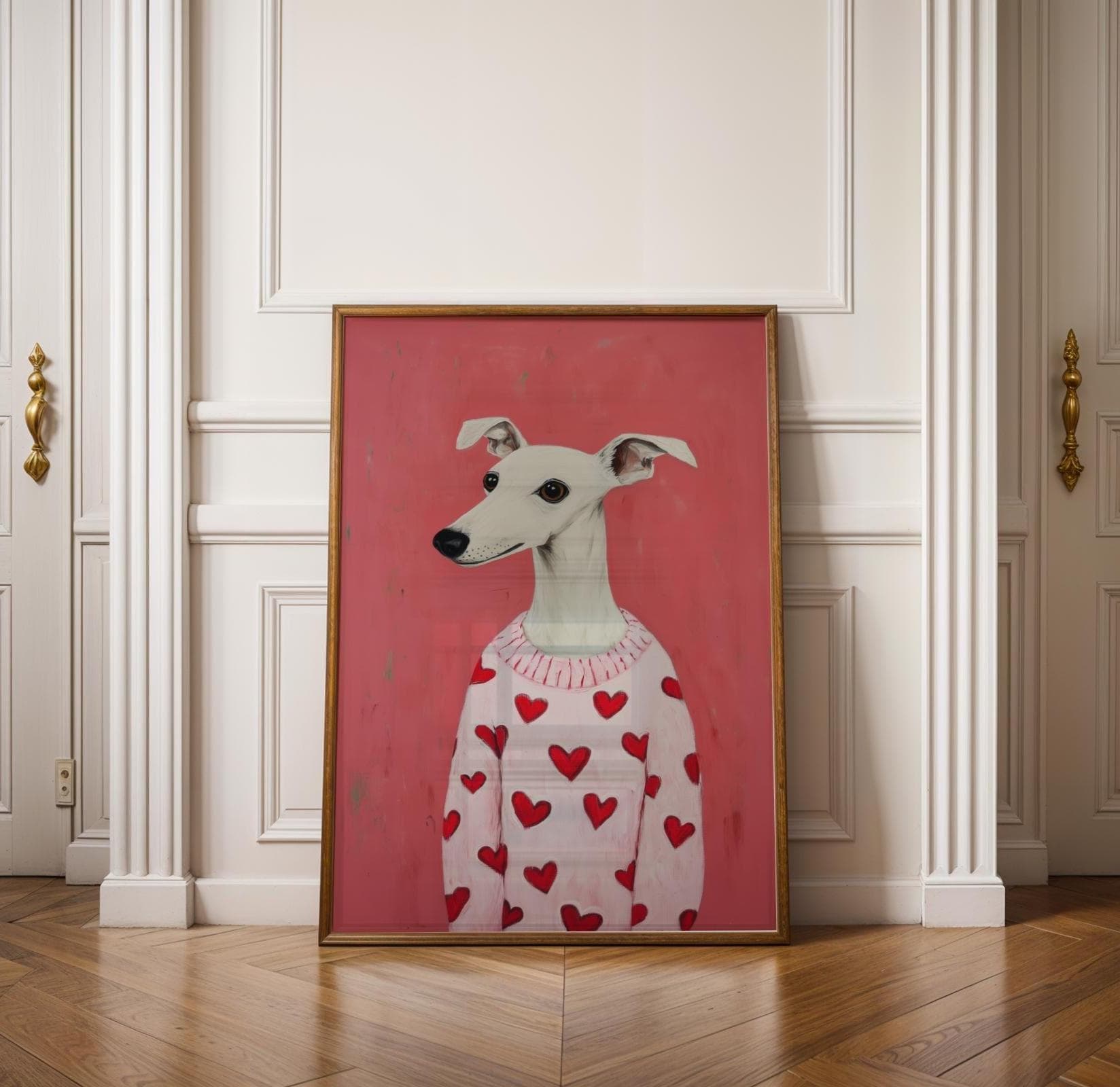Whippet Dog Art, Pink Dog Wall Art, Digital Whippet Portrait, Whippet Poster for Pet Lovers, Funny Dog Printable, Dog Valentine Poster