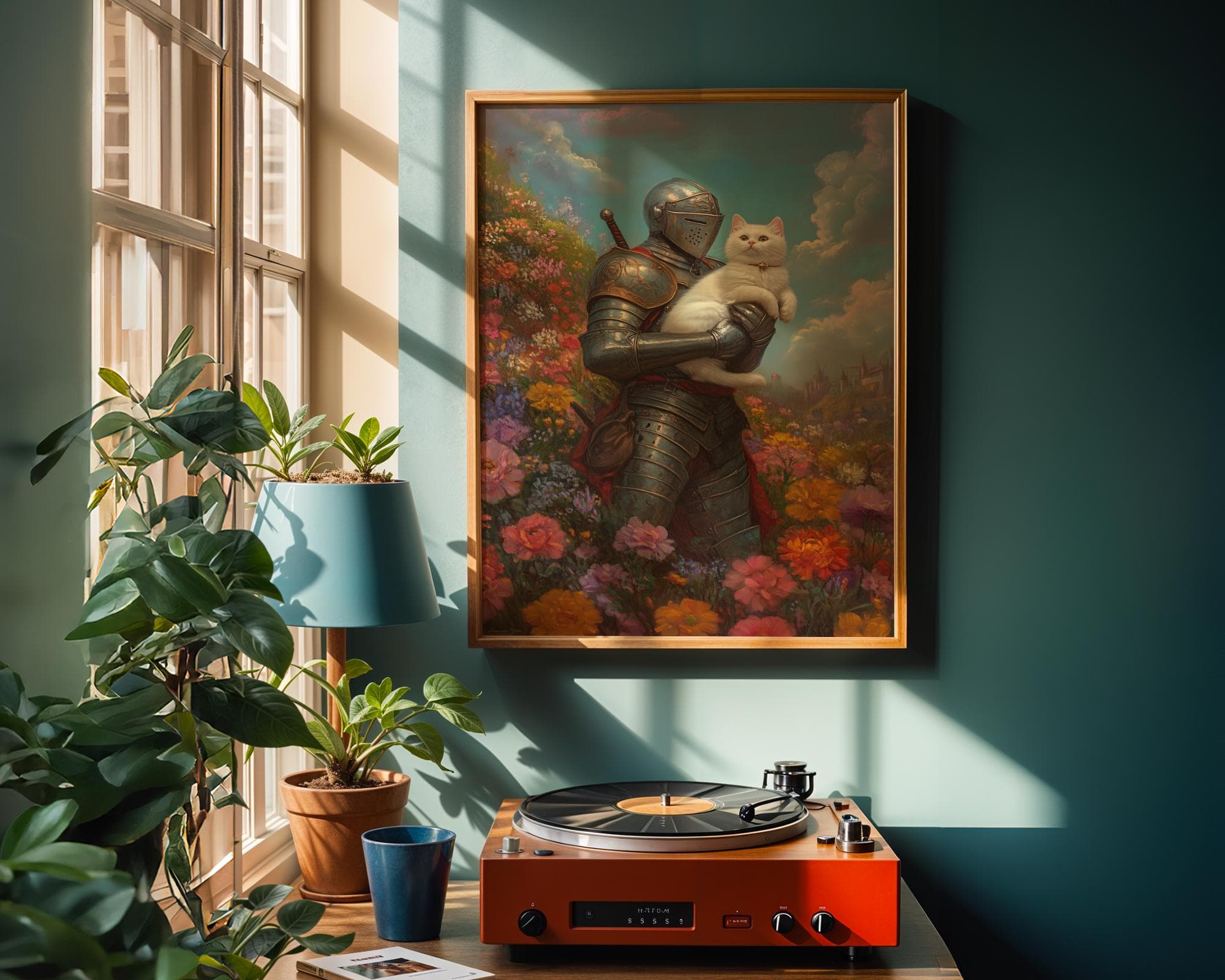 Medieval Knight and Cat Art, Whimsical Fantasy Wall Print - Romantic Renaissance Decor, antasy Cat Wall Art - Knight Aesthetic Poster - view 5