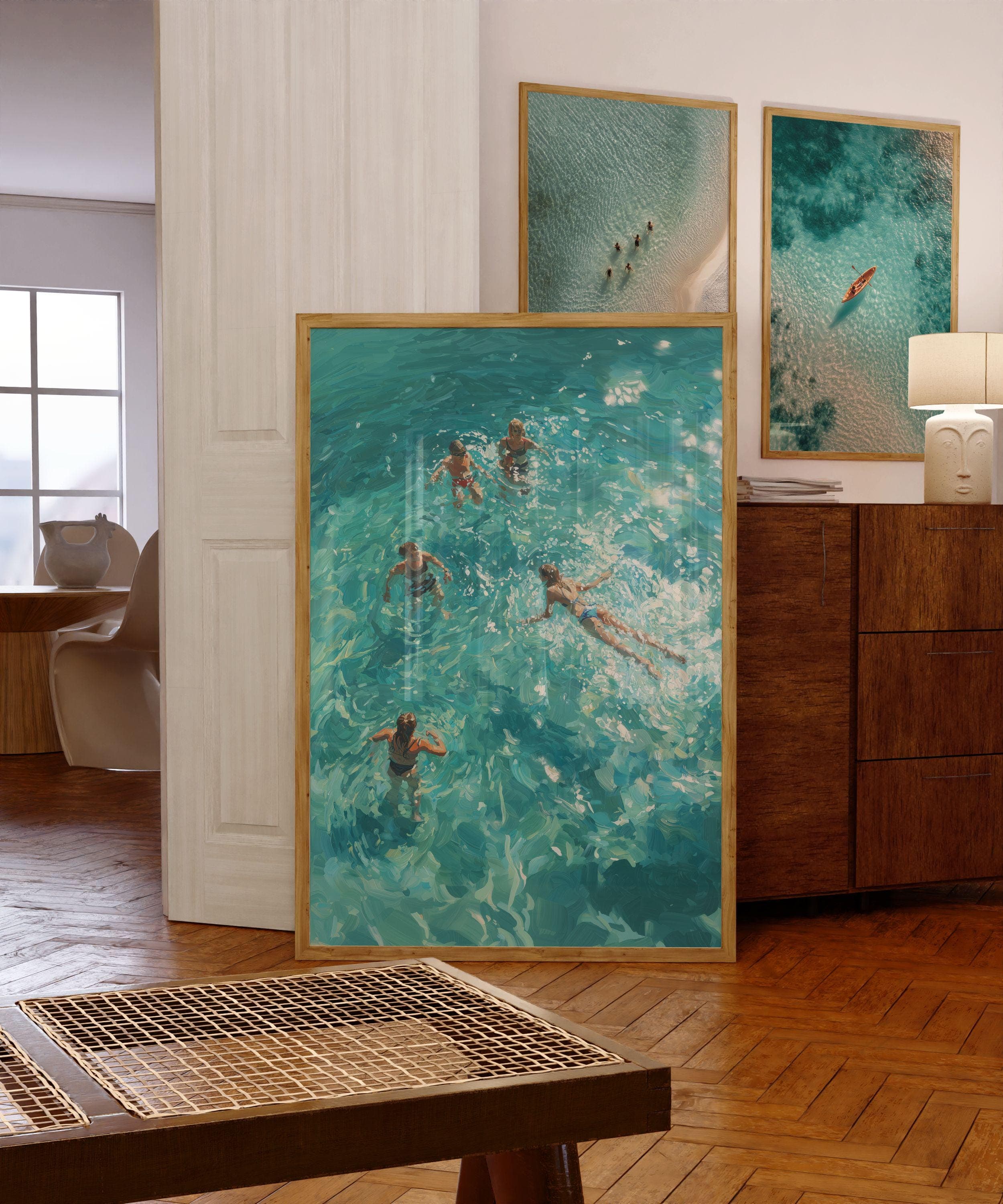 Coastal Wall Art, Turquoise Ocean Swimming Painting, Beach House Wall Decor, Ocean Oil Painting, Beach House Wall Decor, Coastal Bathroom