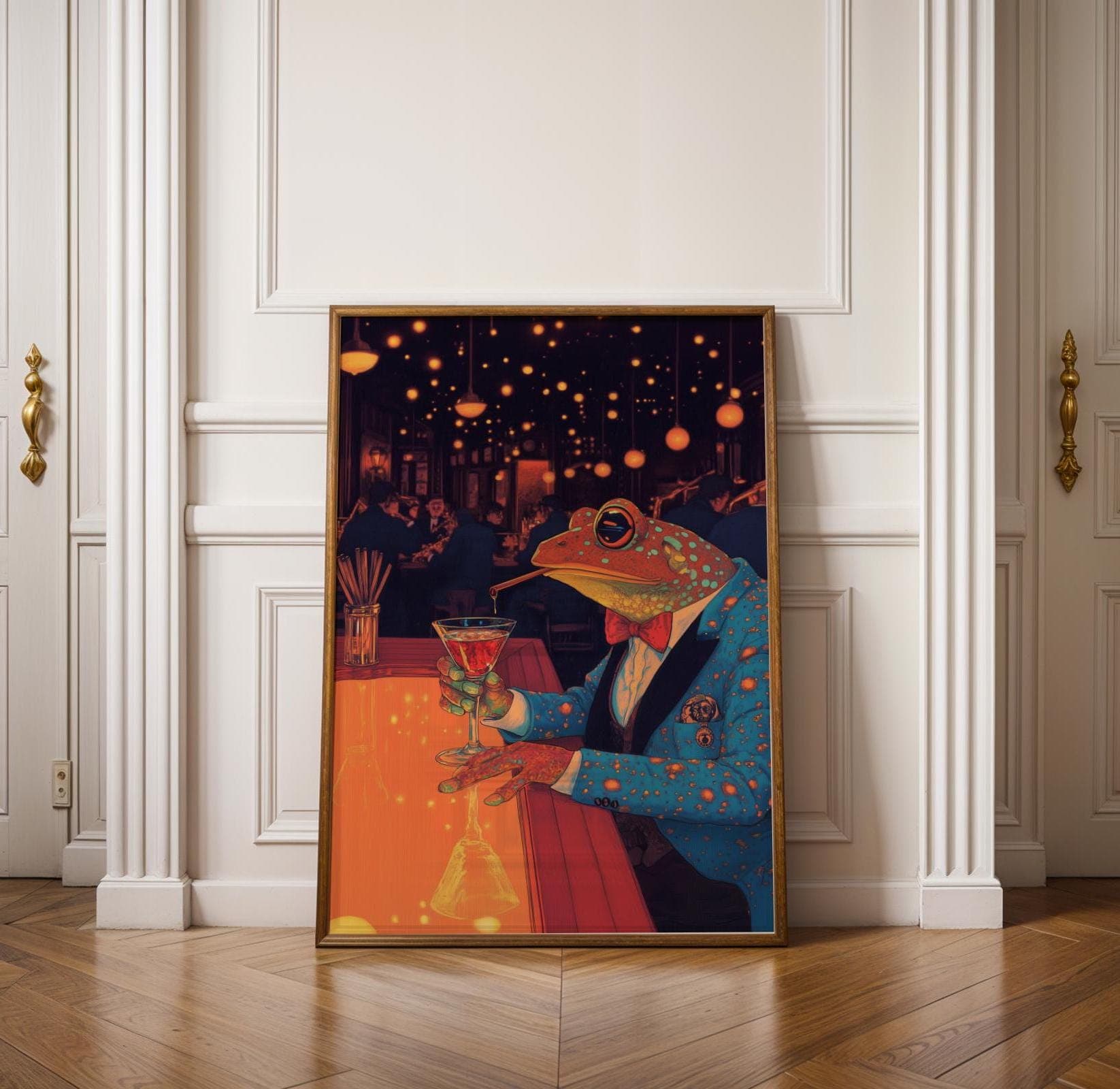 Frog in a Bar Art Print, Funky Animal Illustration for Eclectic Spaces, Quirky Wall Art for Home Bar and Lounge, Elegant Frog in Tuxedo